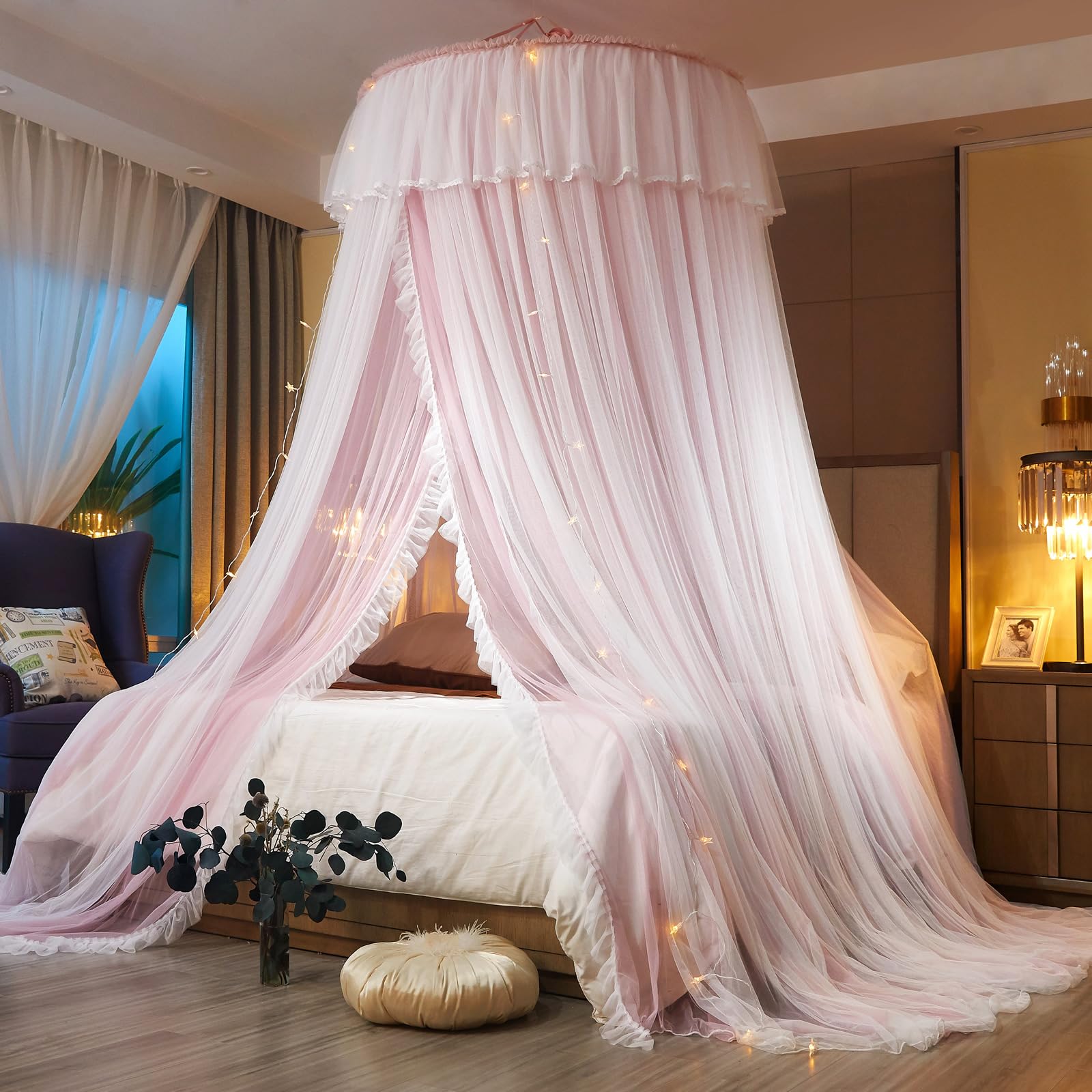 AIKASY Princess Bed Canopy for Girls & Adults, Elegant Double-Layer Bed Curtain, Childrens Dream Round Lace Mosquito Net - Fits