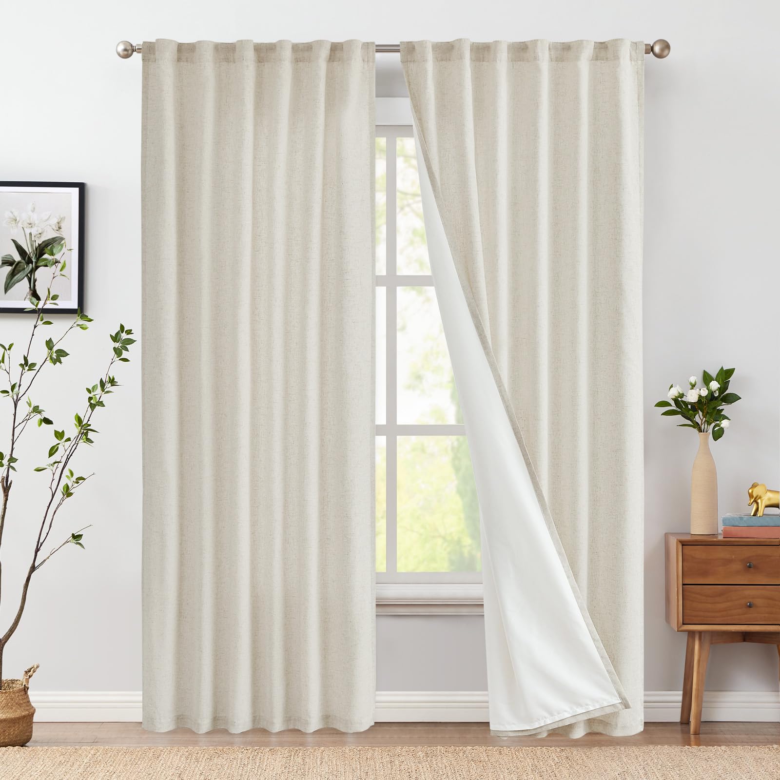 jinchan Linen Beige Curtains 84 Inches Long for Living Room Farmhouse Rod Pocket Back Tab Light Filtering Window Drapes with Lin