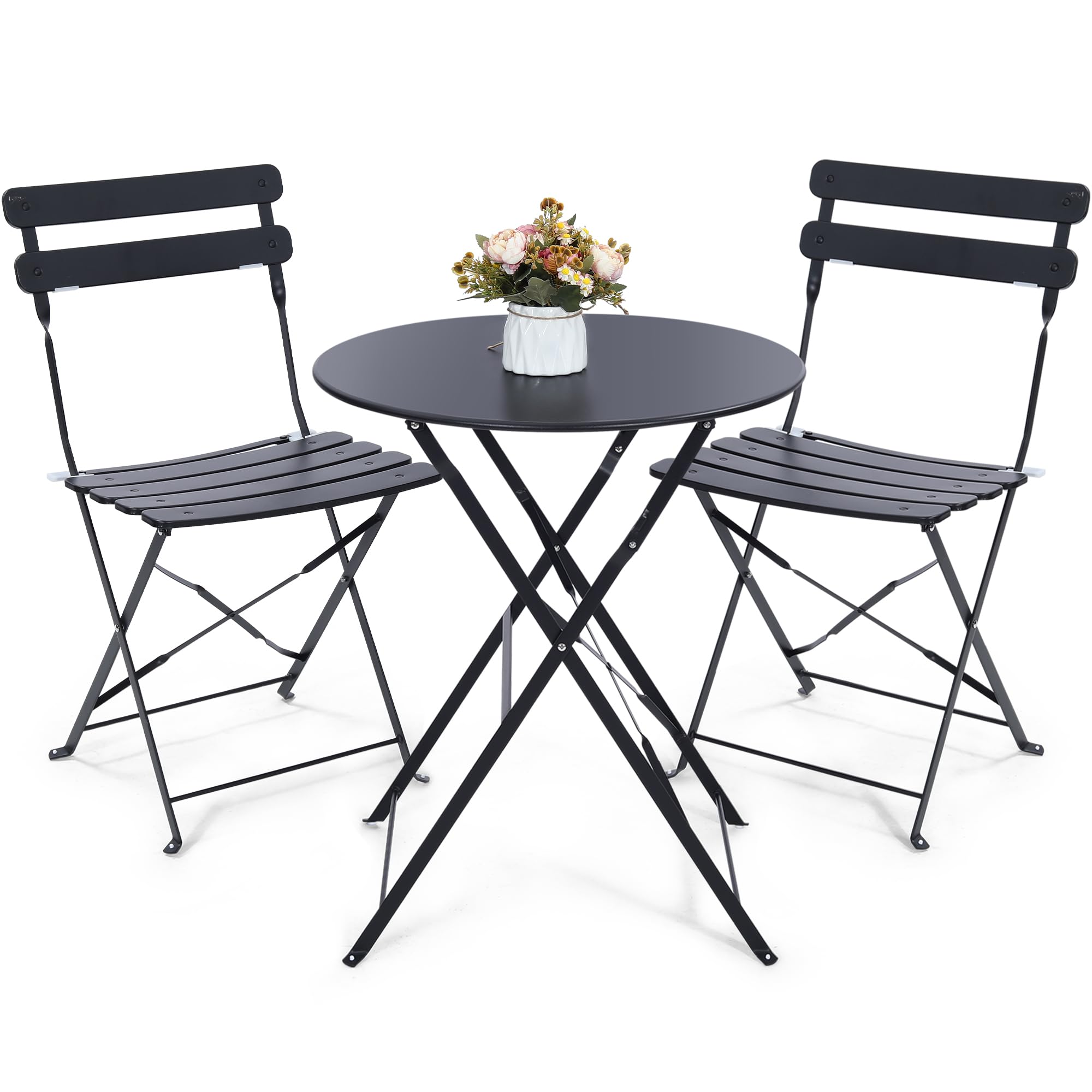 Kromax Outdoor Patio Bistro Set, Folding Bistro Table and Chairs Set, 3 Piece Folding Patio Furniture Set, Space Saving, Black