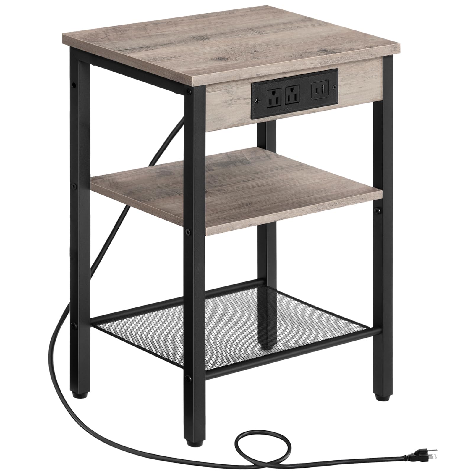 HOOBRO End Table with Charging Station and USB Port, Small Side Table for Small Space, 3-Tier Nightstand with Adjustable Shelf, 