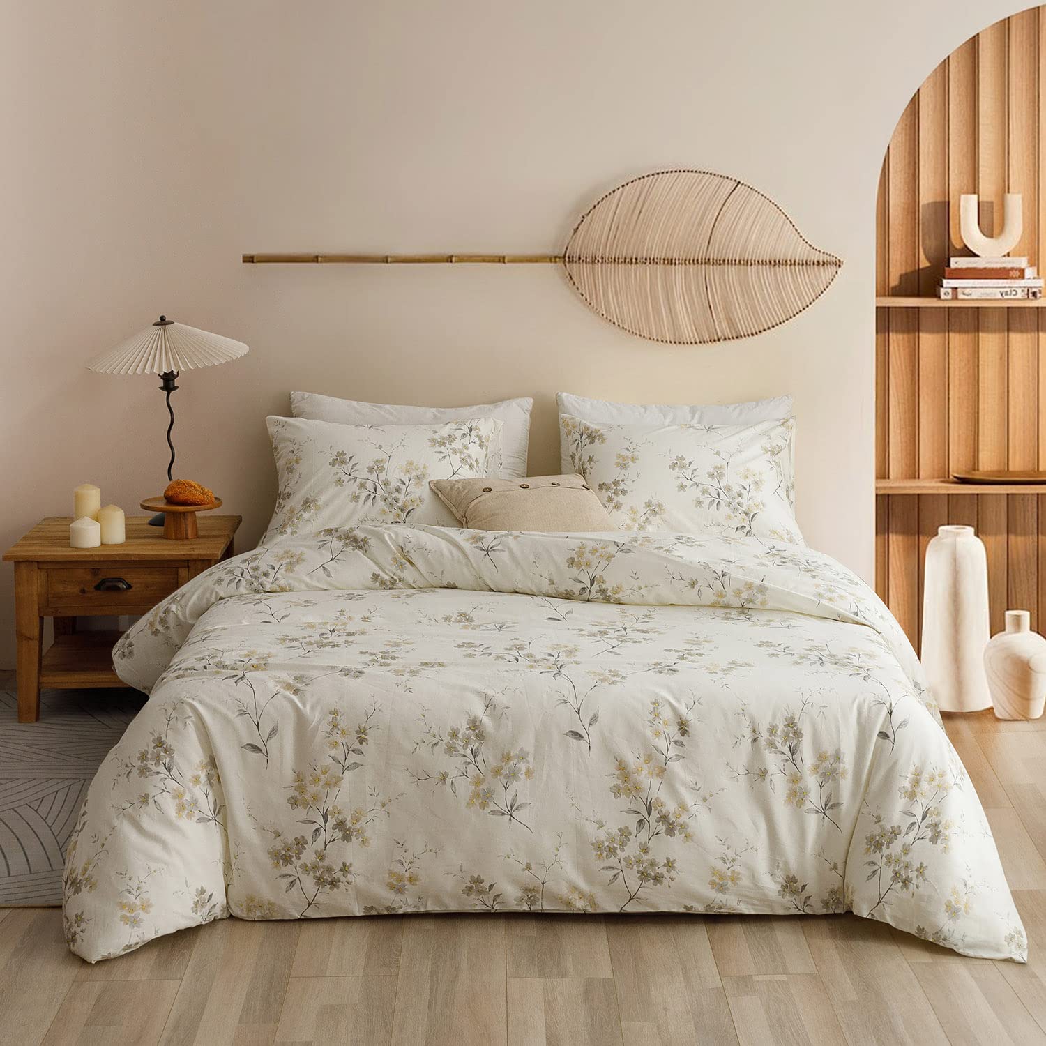 ECOCOTT Vintage Wash Painting Floral Duvet Cover Sets Queen Size,3 Pieces 100% Natural Cotton 1 Duvet Cover with Zipper and 2 Pi