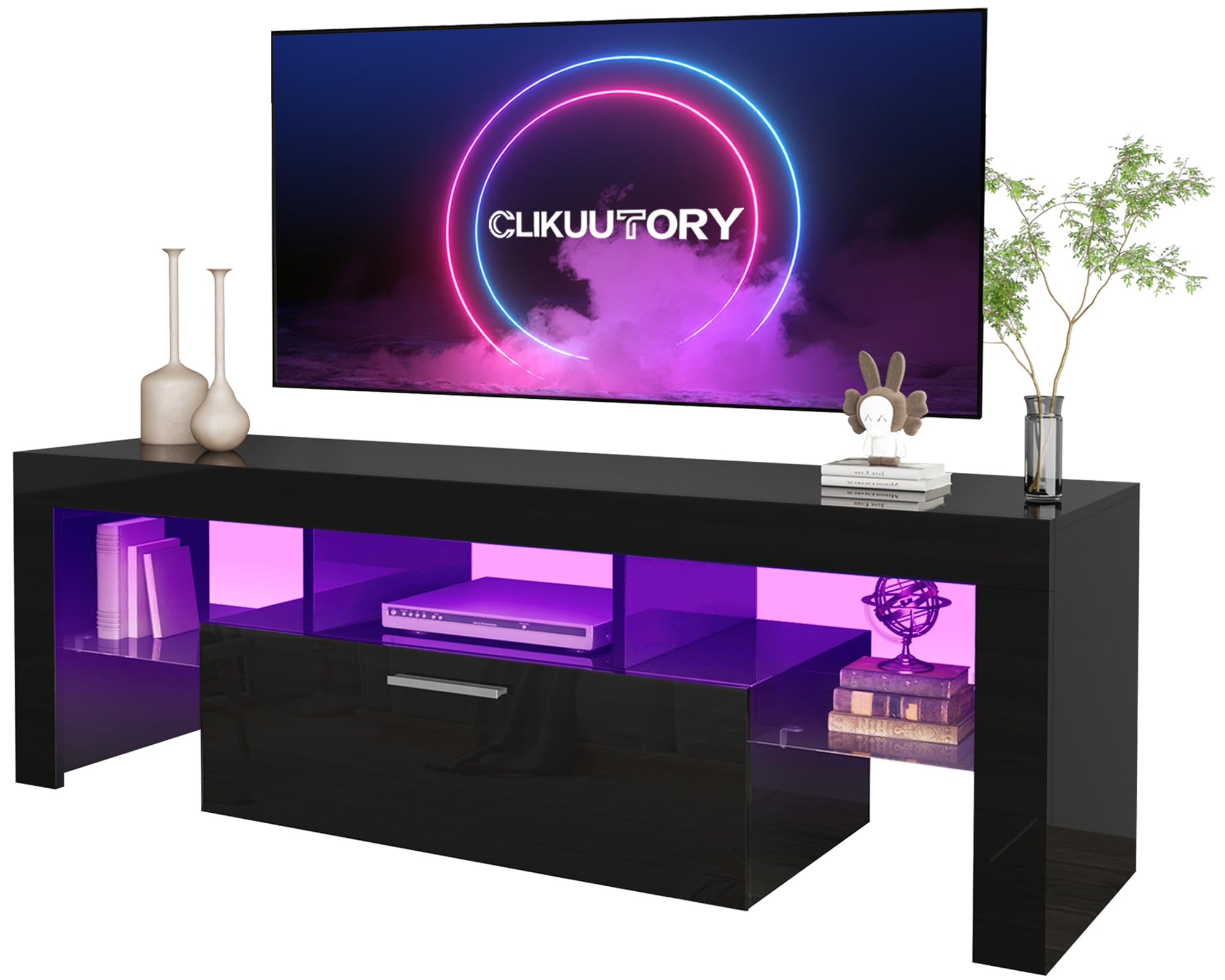 Clikuutory Black LED TV Stand with Large Storage Drawer for 32 40 50 55 Inch TVs, Modern High Gloss TV Console Table with Entert