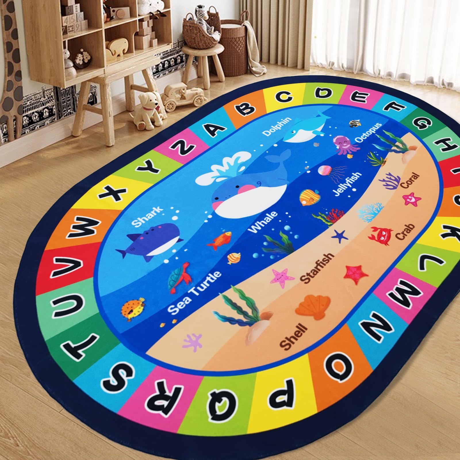USTIDE Large Oval Kids Rug 5X7Ft,ABC Alphabet Sealife Educational & Fun Classroom Rug Non-Slip Ocean Learning Play Mat Bedroom P
