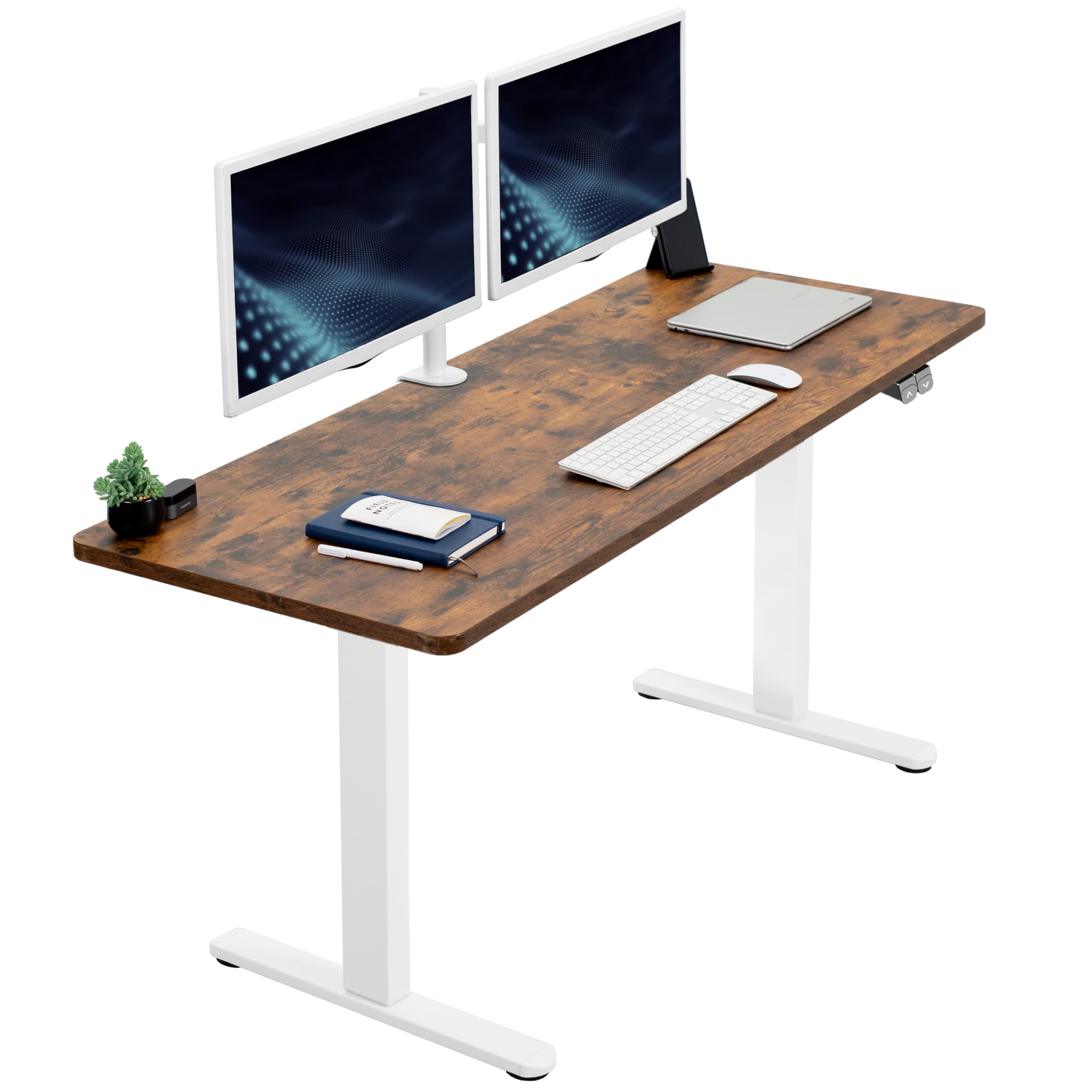 VIVO 60-inch Electric Height Adjustable 60 x 24 inch Stand Up Desk, Rustic Vintage Brown Solid One-Piece Table Top, White Frame,