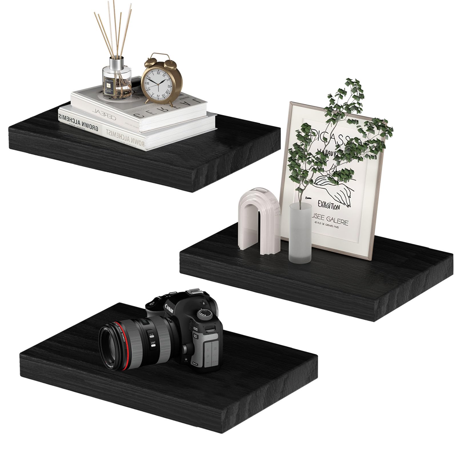 PopiShelves Small Floating Shelves for Wall - 12 x 9 Inch Black Shelves for Bedroom, Living Room, Bathroom, Kitchen, Office Deco