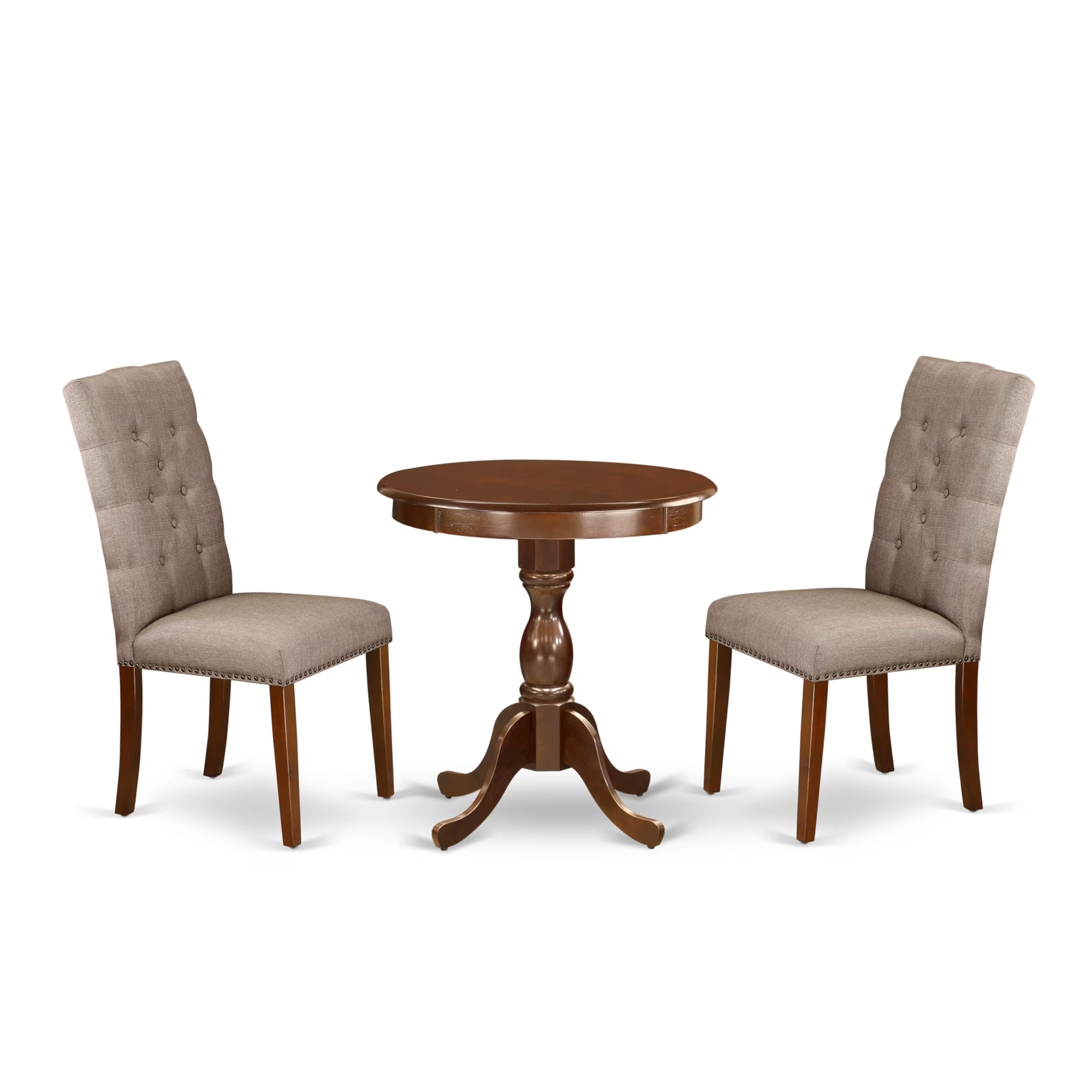 East West Furniture ESEL3-MAH-16 3 Piece Dinette Set for Small Spaces Contains a Round Dining Table with Pedestal and 2 Dark Kha