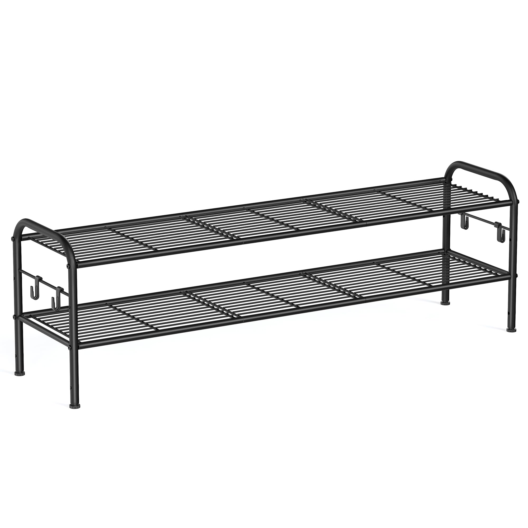 SONGMICS Shoe Rack, 2-Tier Shoe Organizer, Metal Shoe Shelf Storage with 4 Side Hooks, Holds 12 Pairs of Shoes, Height-Adjustabl