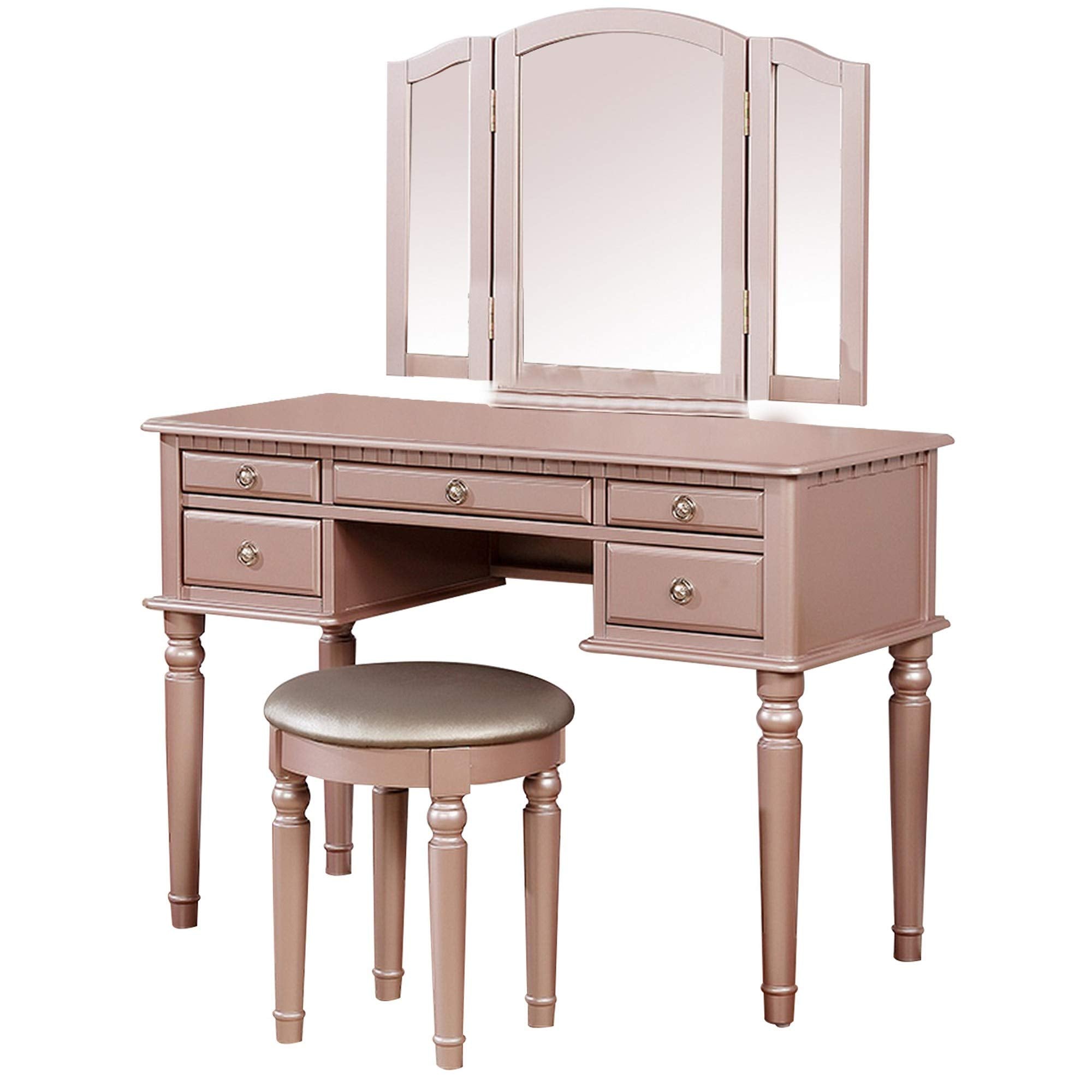 Benjara Vanity Set with Turned Tapered Legs and Three Piece Mirror, Rose Gold