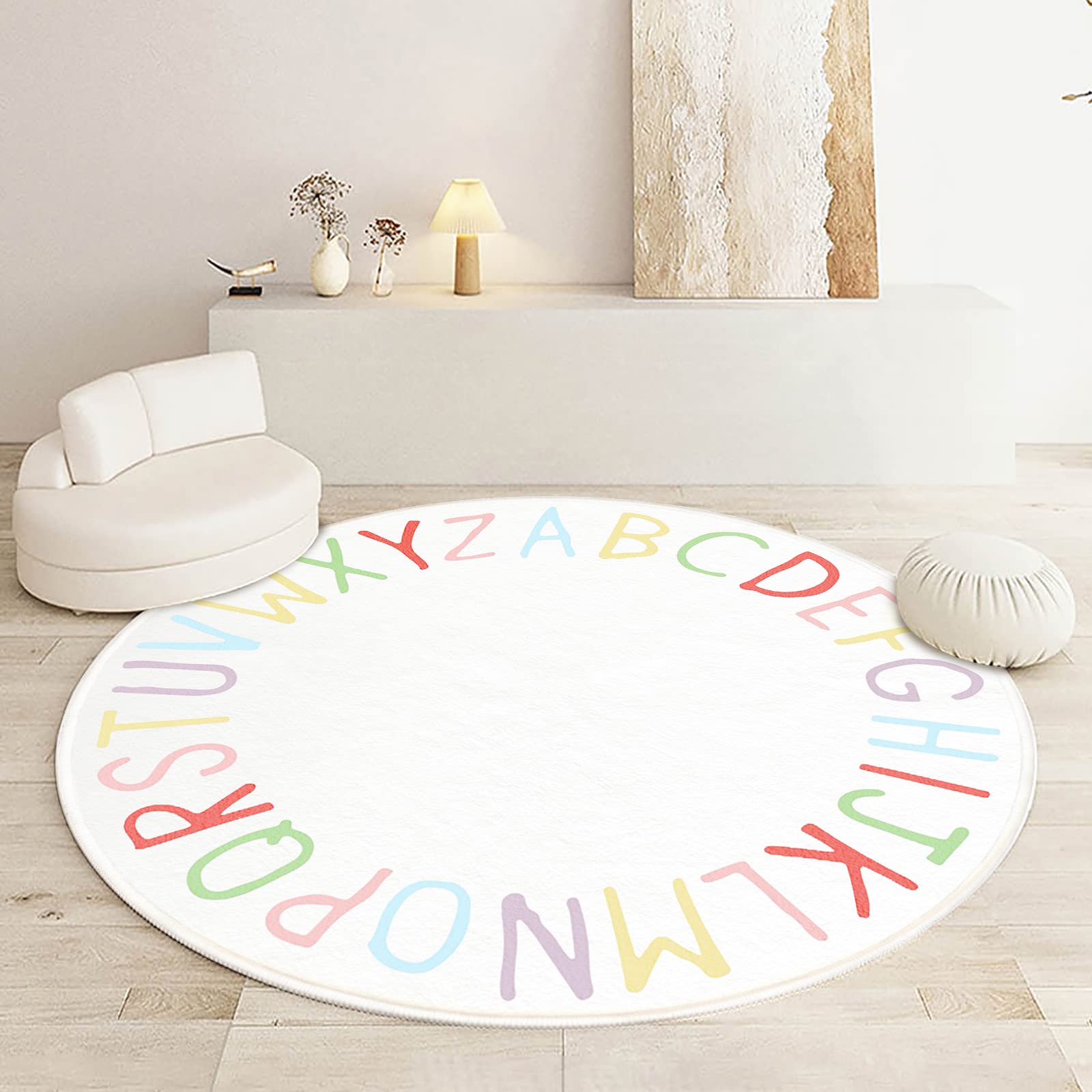 SHIPKEY Round Kids Rug, Play Rug for Kids, Colored Alphabet Nursery Area Rug, Kids Bedroom Rug, Non-Slip Mat, Carpet for Living