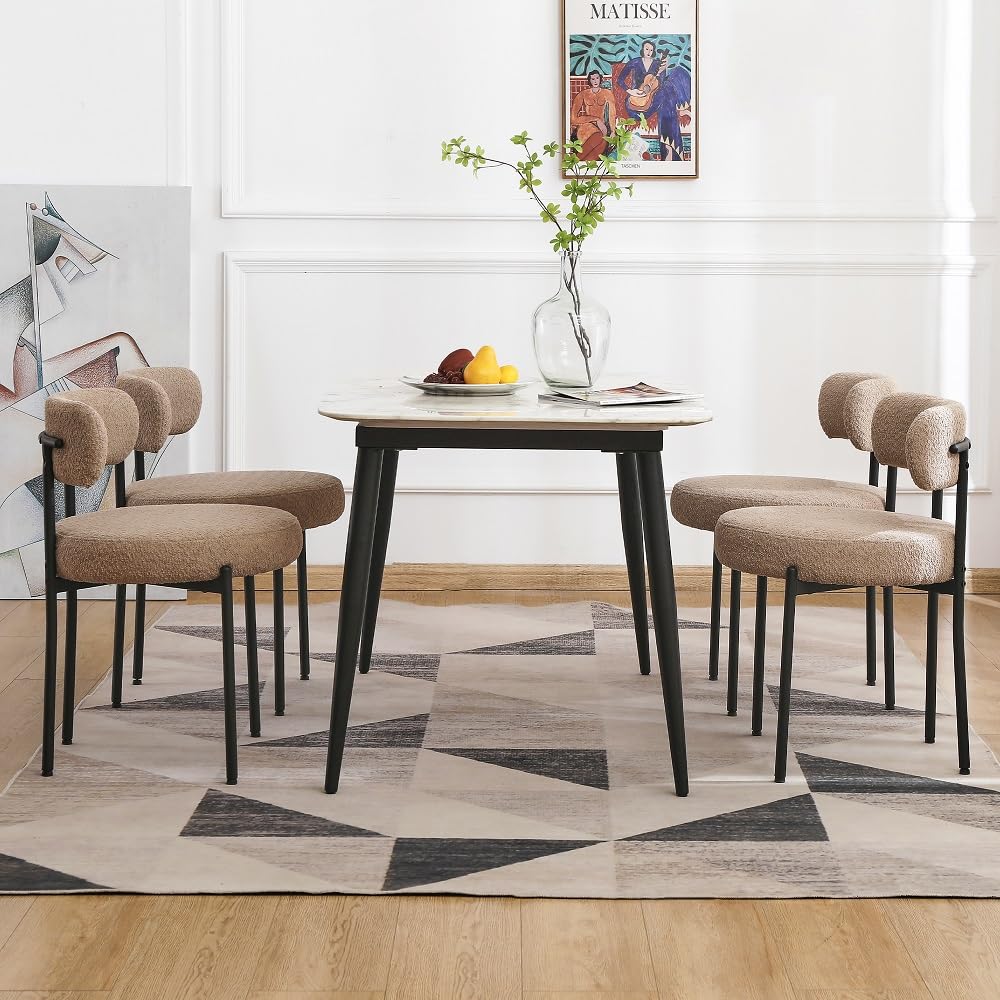 EDWELL Dining Chairs Set of 4, Round Upholstered Dining Room Chairs, Curved Backrest Boucle Dining Chair for Kitchen, Living Roo