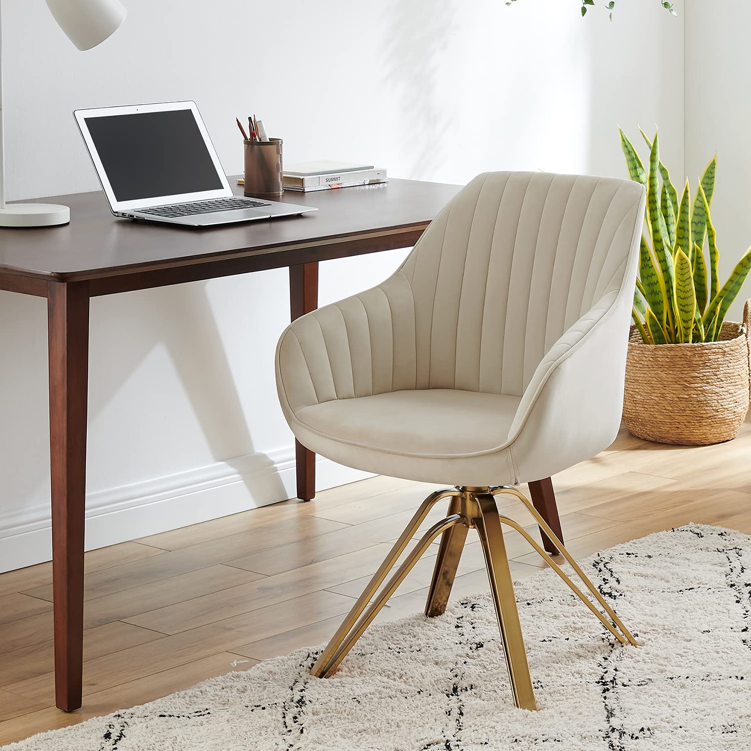 Volans Mid Century Modern Desk Chair No Wheels, Upholstered Swivel Accent Chair with Hollow Brushed Gold Plated Legs Office Chai