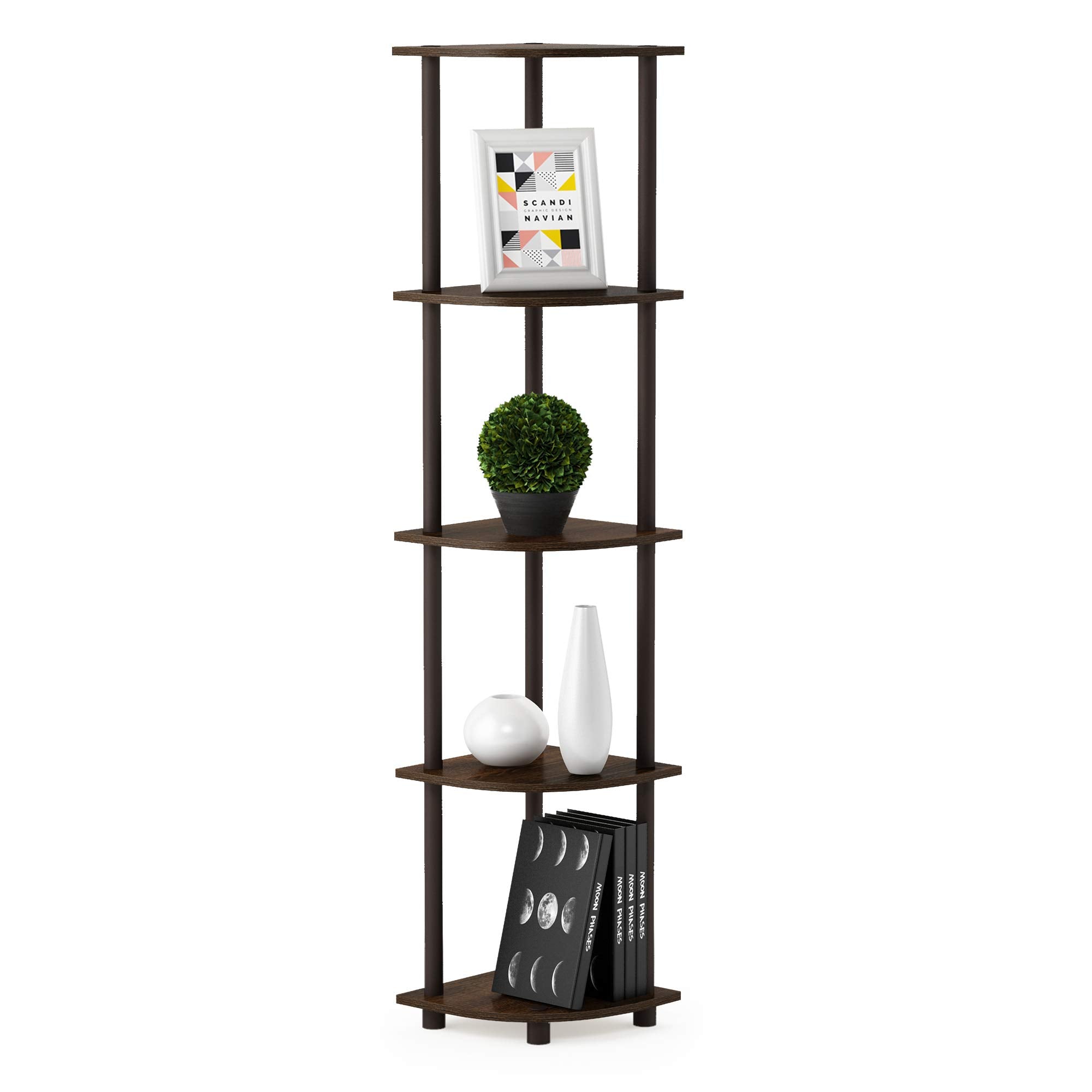 Furinno Turn-N-Tube 5 Tier Corner Display Rack Multipurpose Shelving Unit, 1-Pack, Walnut/Brown