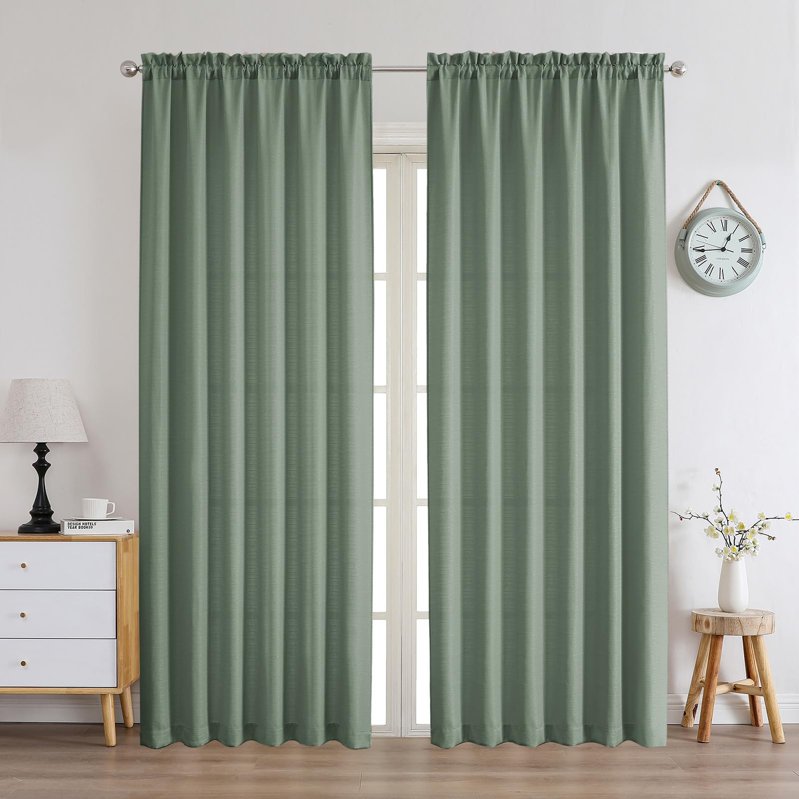 Chyhomenyc Sage Green Curtains 90 Inch Length 2 Panels Set, Faux Linen Textured Semi Light Filtering Soft Airy Farmhouse Window 