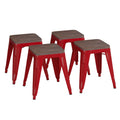 Flash Furniture Metal Dining Table Height Stool with Wooden Seat Set of 4 - Backless Red Kai Commercial Grade Stool - Kai 18 Sta