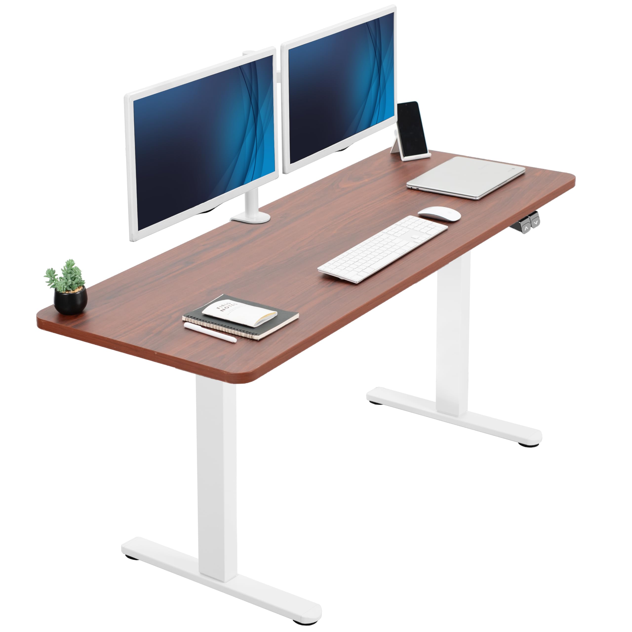 VIVO 60-inch Electric Height Adjustable 60 x 24 inch Stand Up Desk, Dark Walnut Solid One-Piece Table Top, White Frame, Home & O