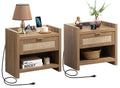 SICOTAS Night Stand Set of 2 Nightstands - Rattan Bed Side Table with Type-C Charging Station, Drawer Storage End Table - Boho W