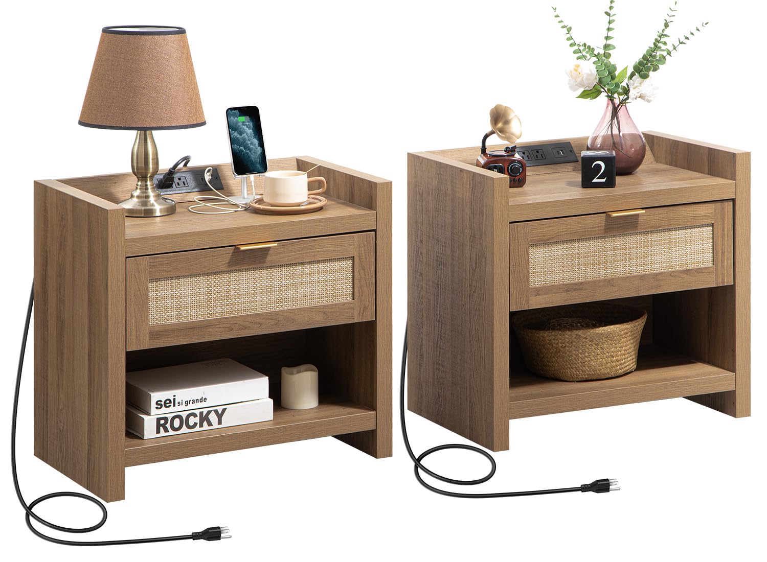 SICOTAS Night Stand Set of 2 Nightstands - Rattan Bed Side Table with Type-C Charging Station, Drawer Storage End Table - Boho W
