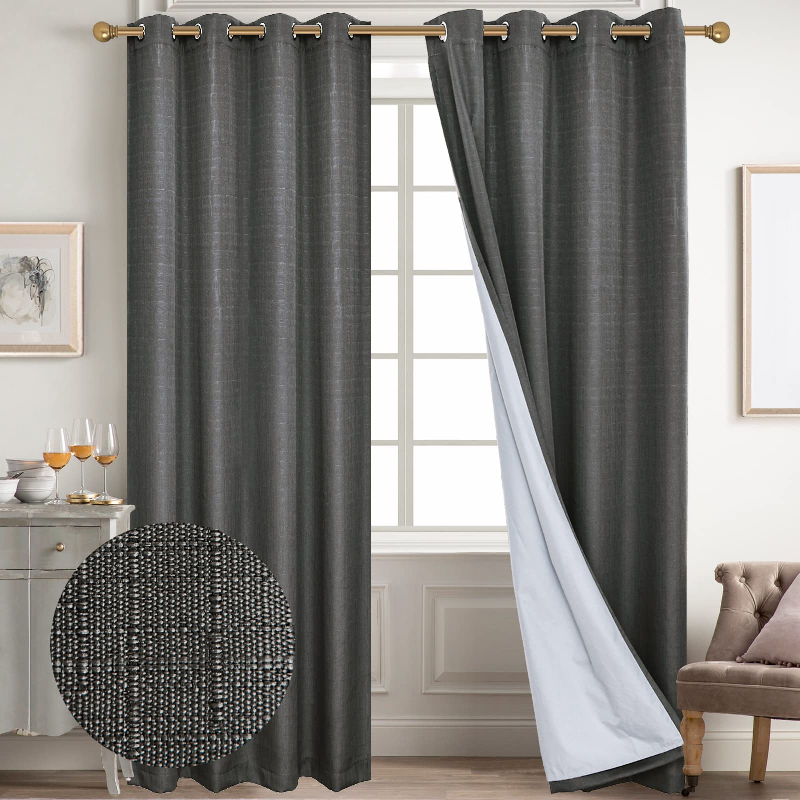 Diraysid 100% Blackout Curtains Dark Grey Linen Curtains for Bedroom Grommet Thermal Insulated Room Darkening Drapes (2 Panels, 