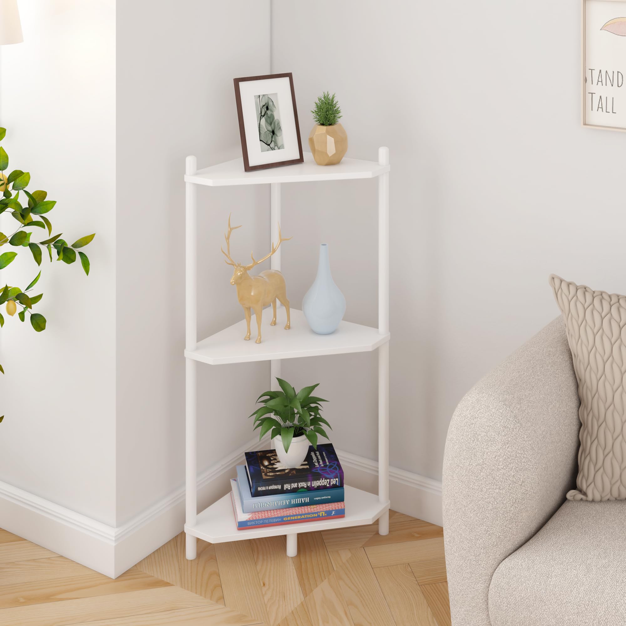 Corner Shelf Stand - 3 Tier Bamboo Small Corner Bookshelf for Office Kitchen Bedroom Plant Stand Living Room Decor Small Space (