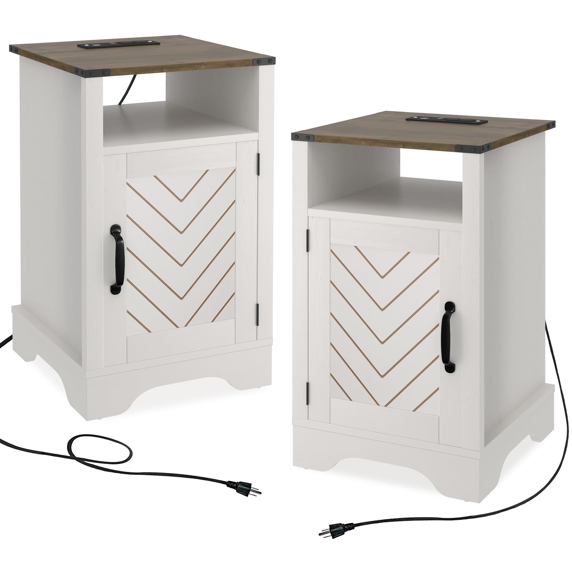 Fansafurn Nightstand Charging Station Tall Farmhouse End Table for Bedroom, Living Room, 16 D x 16 W x 25 H(Set of 2), White and
