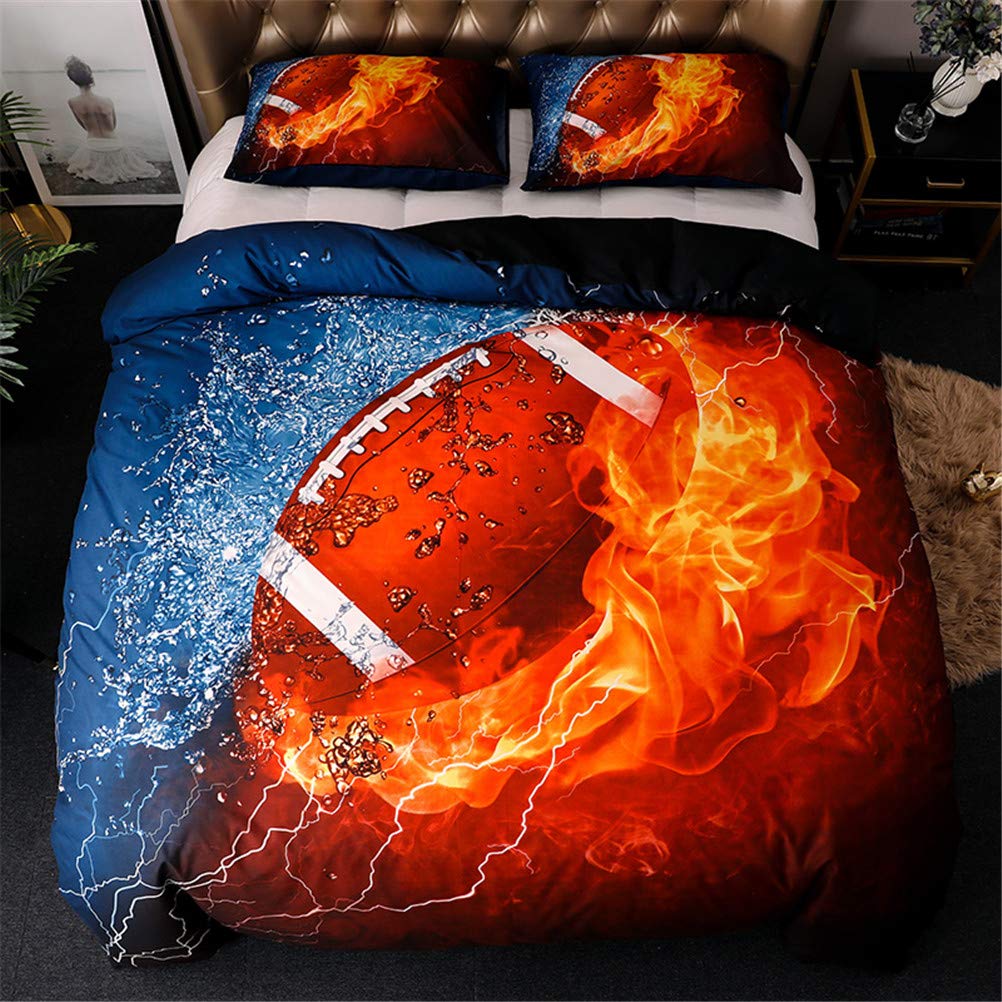 MOZEO 3D Football Bedding Duvet Cover Set 3 Piece (1 Duvet Cover+2 Pillowcase) for Teen Boys Sports Microfiber Bedding Quilt (Qu