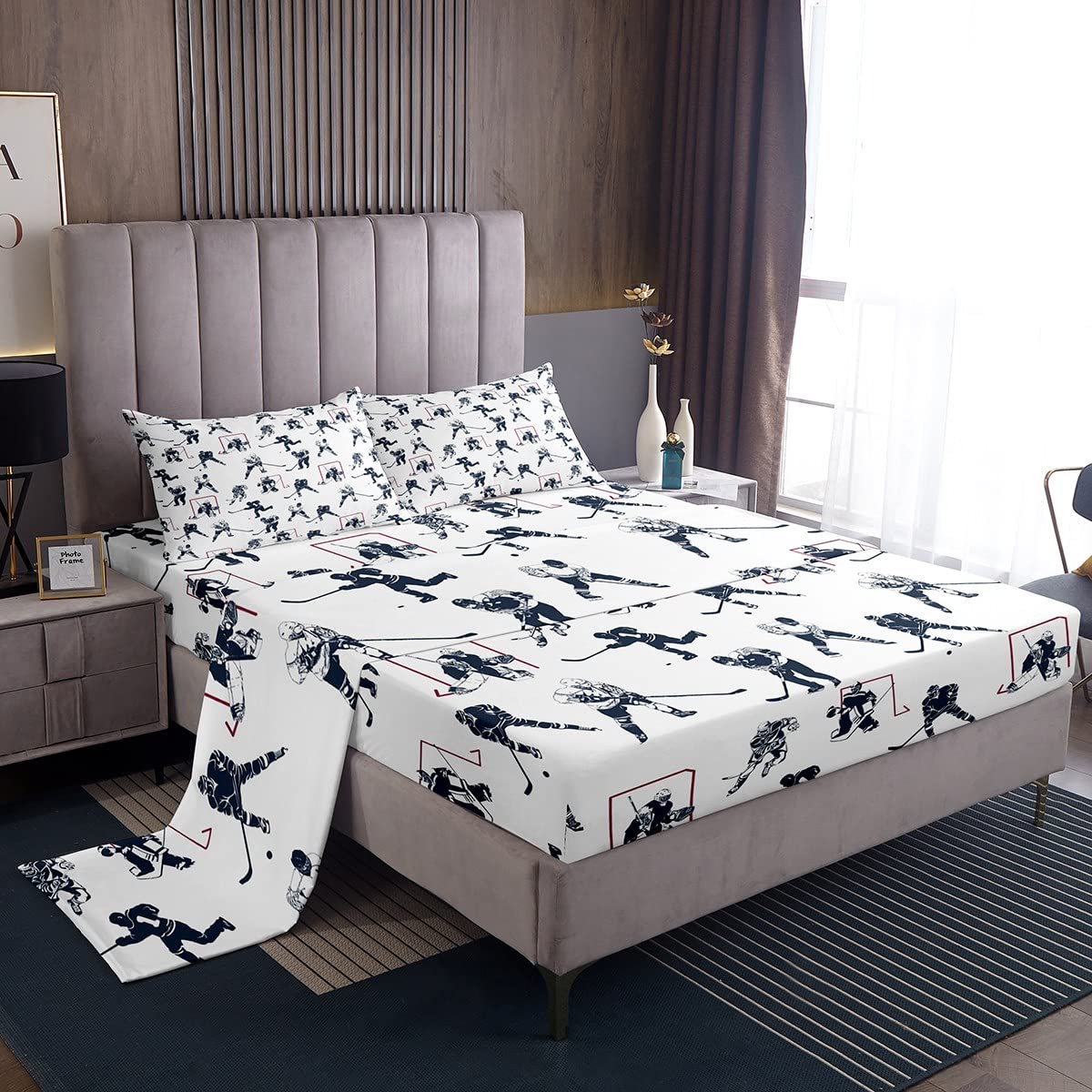 Feelyou Ice Hockey Sheet Set King Kids Sports Event Bedding Set Hockey Player Bed Sheets for Boys Bedroom Decor Soft Winter Spor