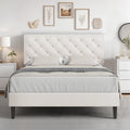 HOMBCK Full Bed Frame with Headboard, Linen Fabric Upholstered Bed Frame Full, White Bed Frame with Wood Slats, Button Tufted, N