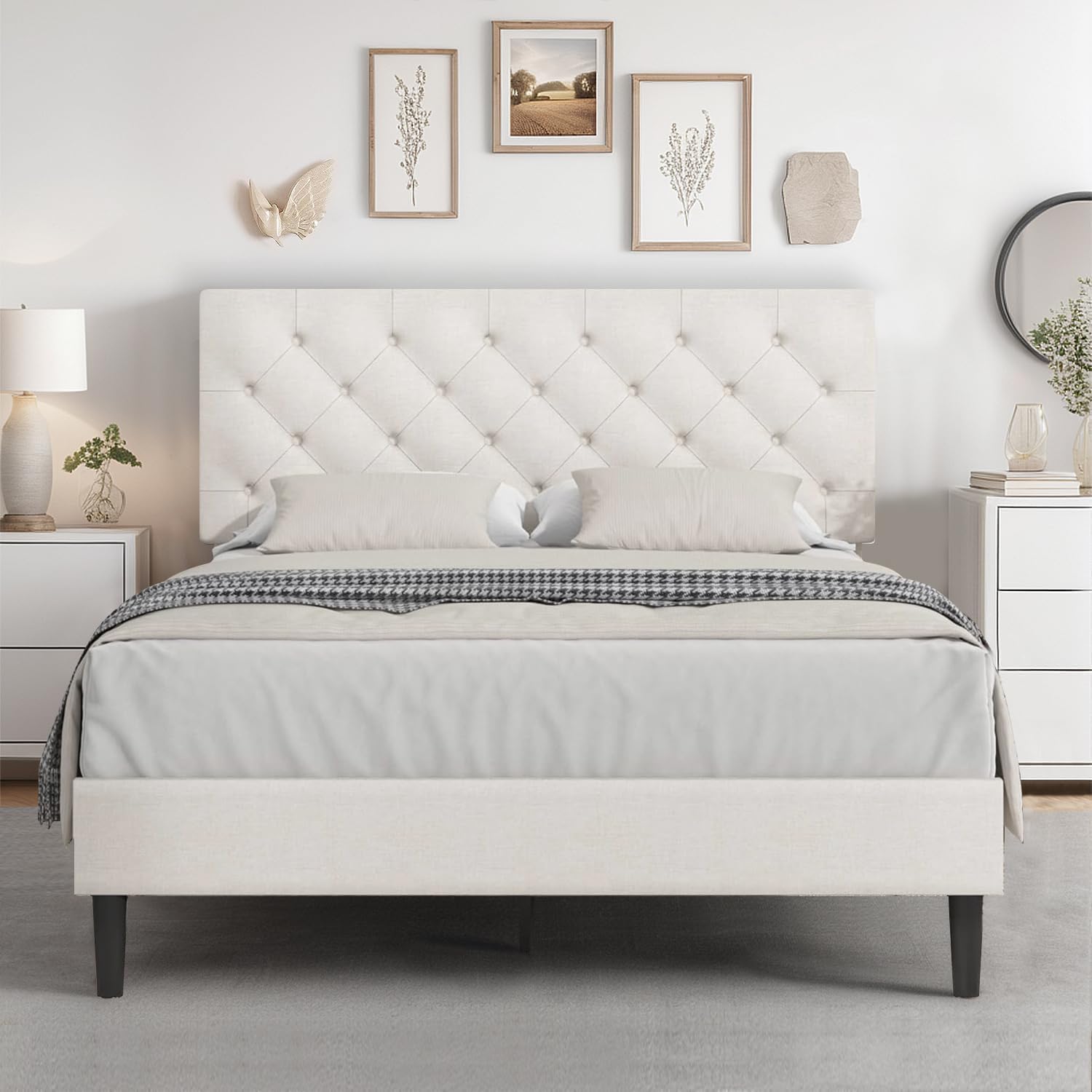HOMBCK Full Bed Frame with Headboard, Linen Fabric Upholstered Bed Frame Full, White Bed Frame with Wood Slats, Button Tufted, N