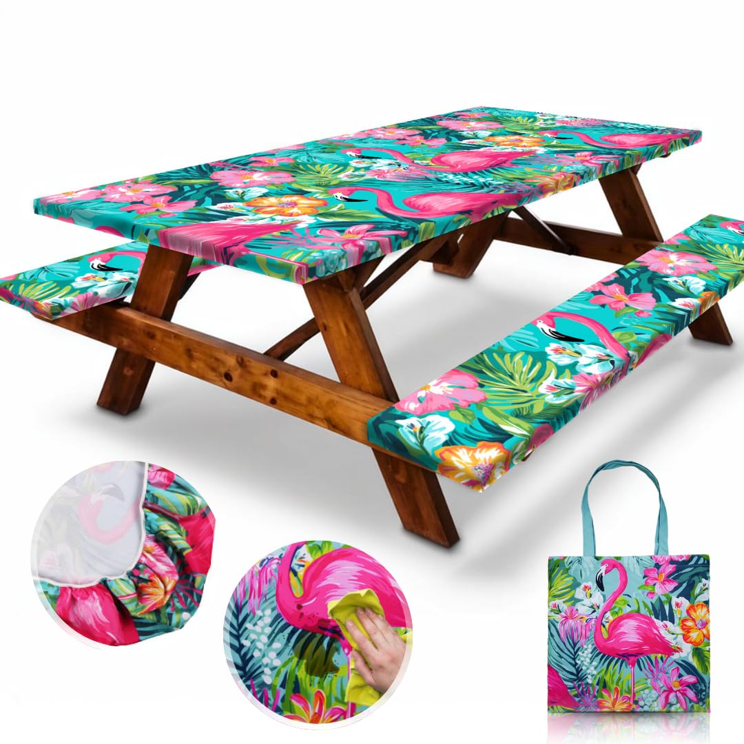 RNOONY 6ft Polyester Picnic Table Cover with Bench Covers Windproof & Waterproof Tablecloth, Perfect for Camping Gifts & RV Esse