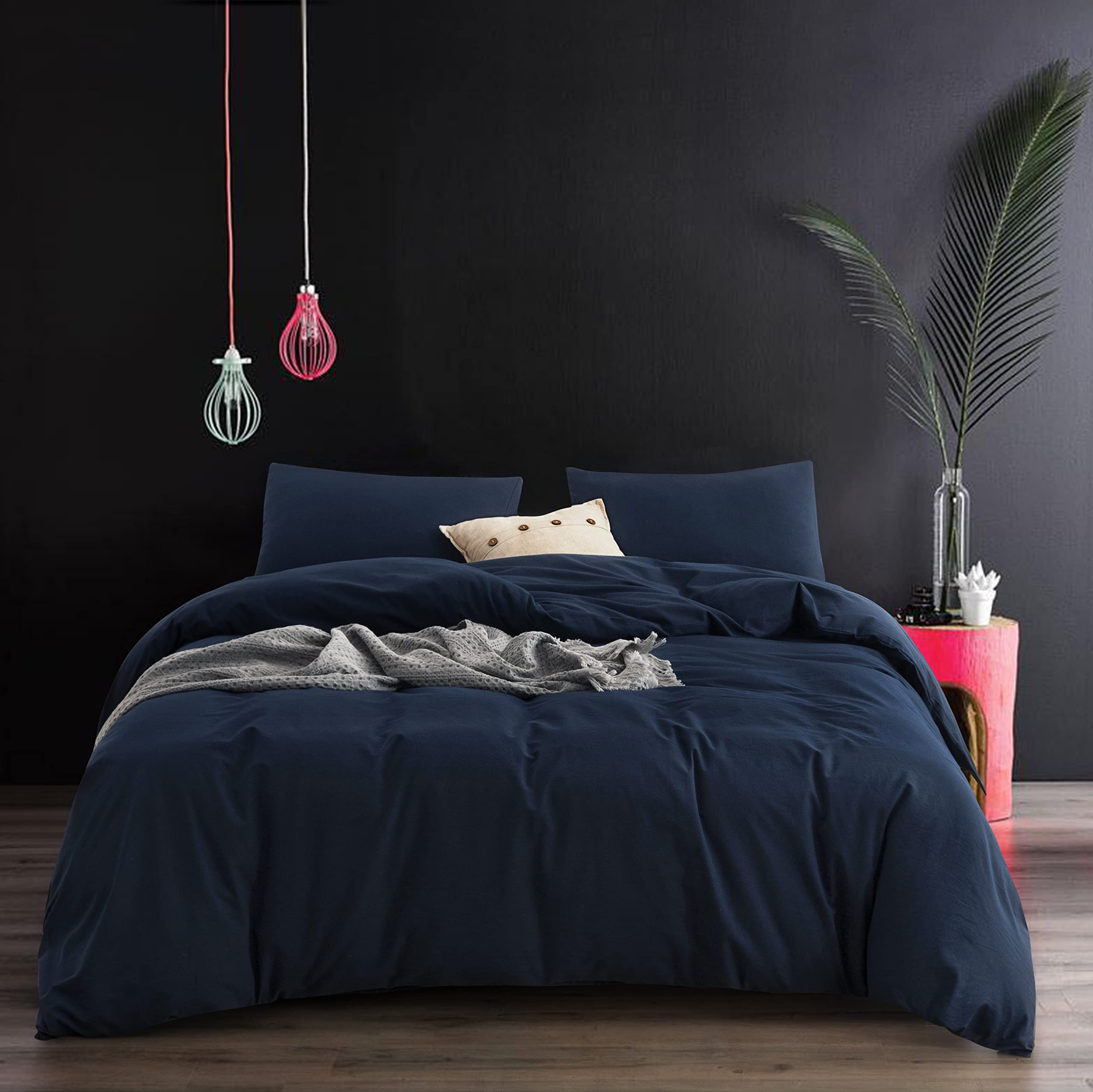 ECOCOTT Navy Blue Duvet Cover Oversized King Size - 100% Washed Cotton Durable Soft Comfy Duvet Cover Set, 3 Pieces Duvet Cover 