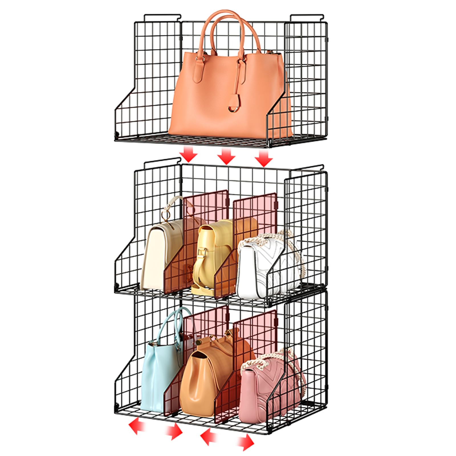 Sonyabecca Purse Storage Organizer for Closet : Adjustable 3-Pack Dividers Handbag Organizer - Stackable Wire Handbags Storage B