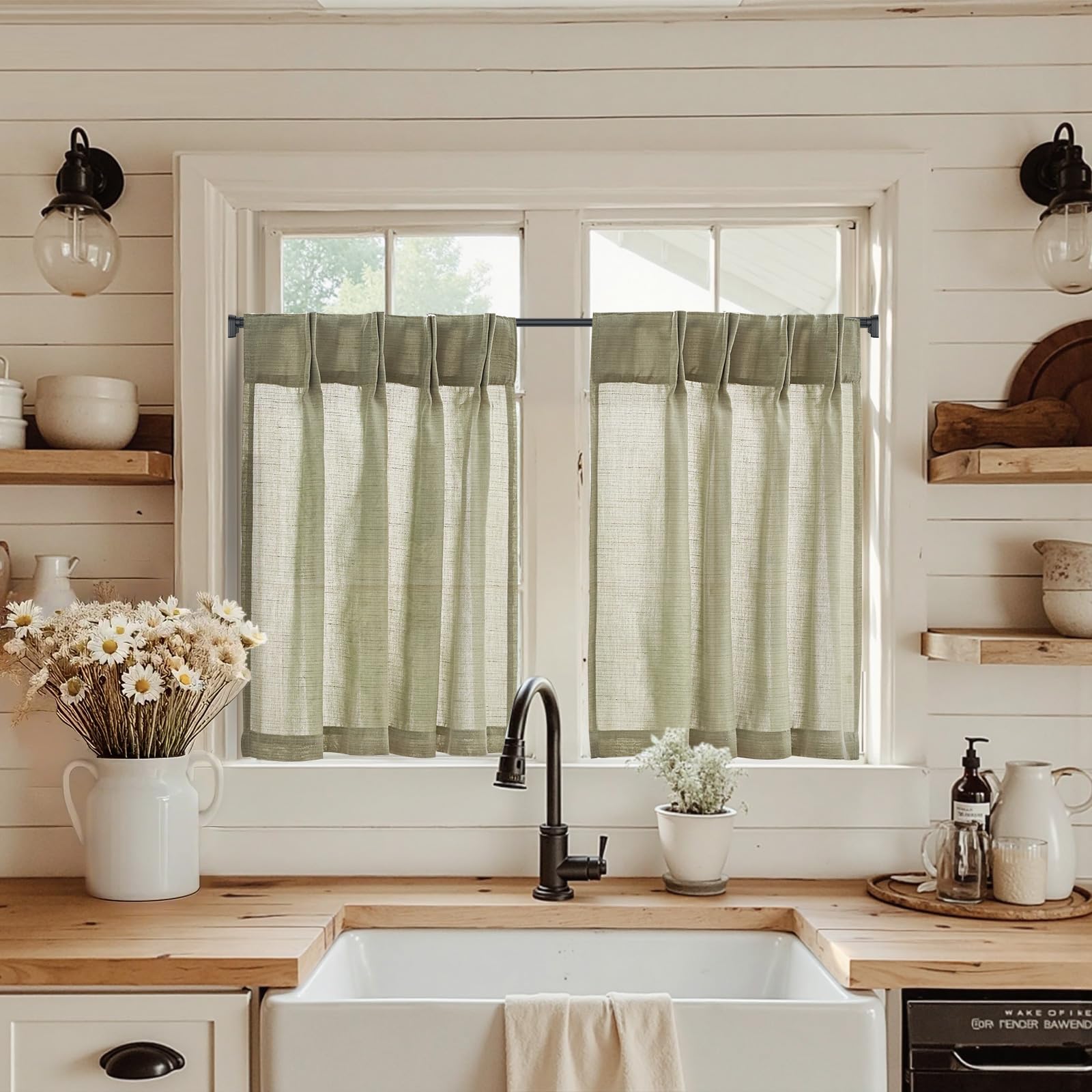 jinchan Linen Pinch Pleated Kitchen Curtains 36 Inch 2 Panels, Natural Linen Tier Curtains Back Tab Farmhouse Cafe, Light Filter