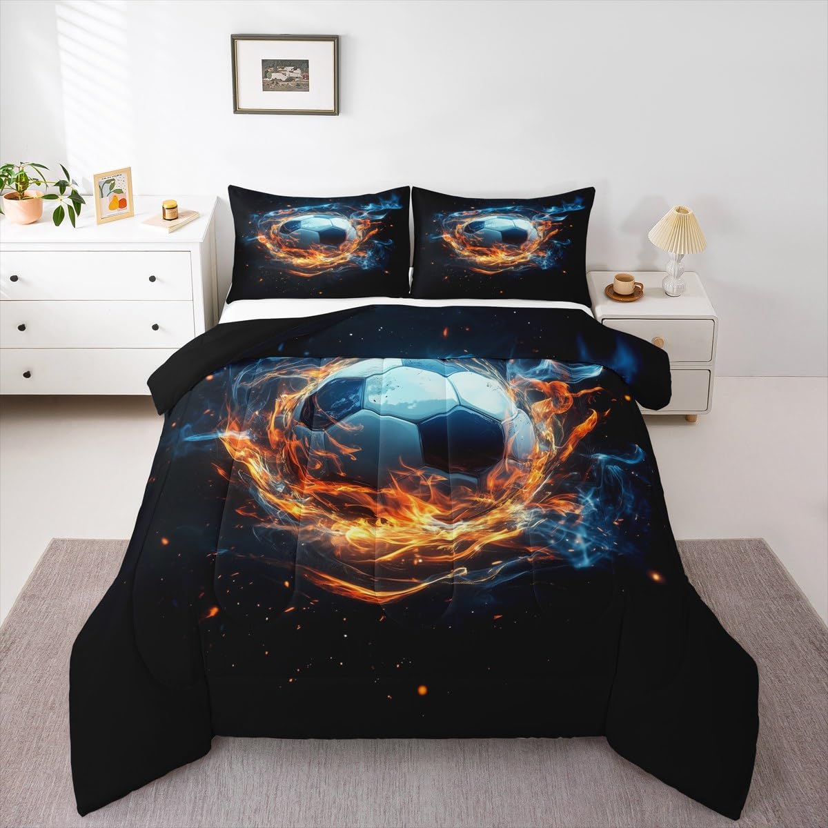 jejeloiu Boys 3D Soccer Comforter Set Twin Size Kids Football Bedding Set for Girls Teens Sports Ball Gaming Theme Duvet Quilt R