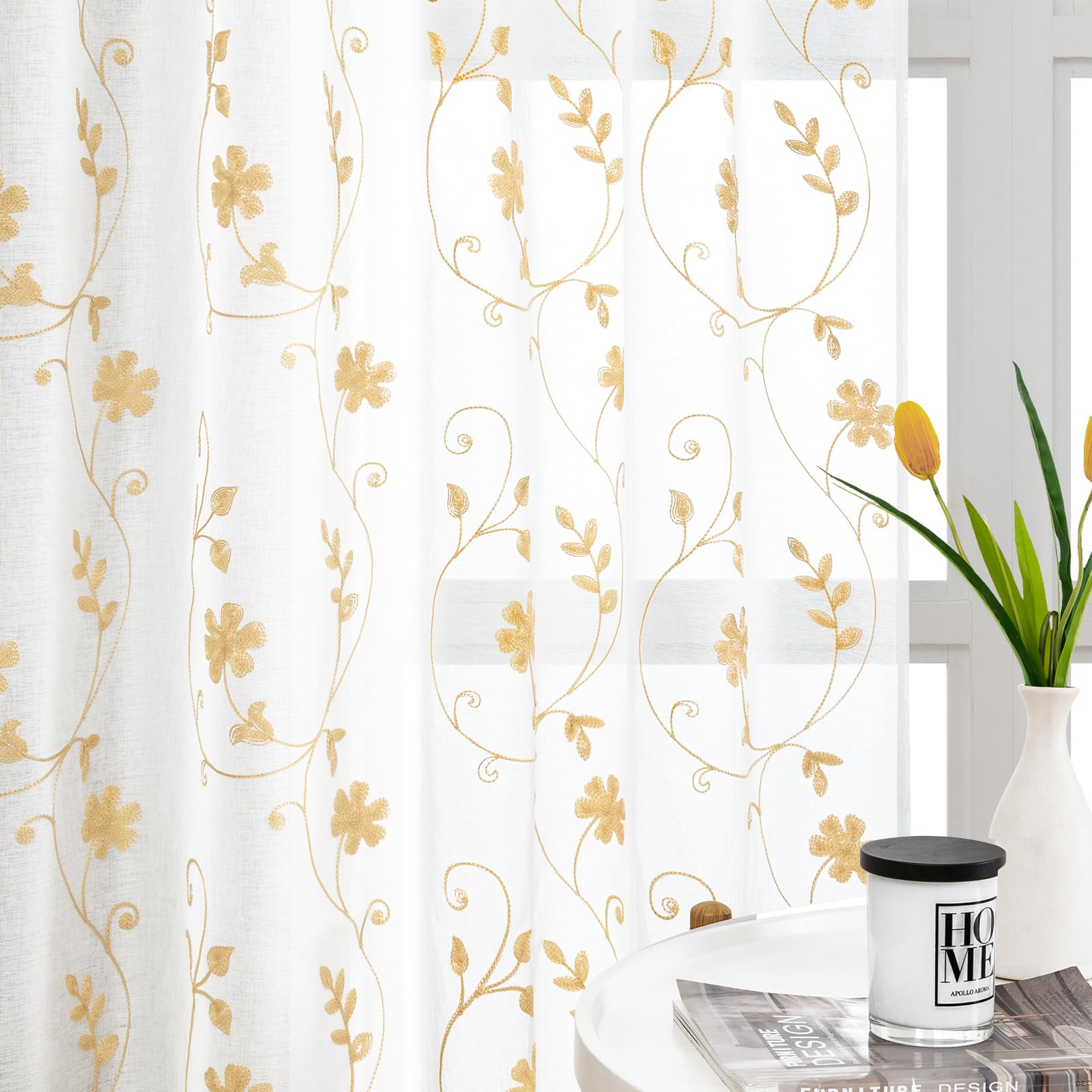 HOMEIDEAS Yellow Sheer Curtains 63 Inch Length 2 Panels Yellow and White Embroidered Floral Sheer Pattern Curtains Semi Sheer Wi
