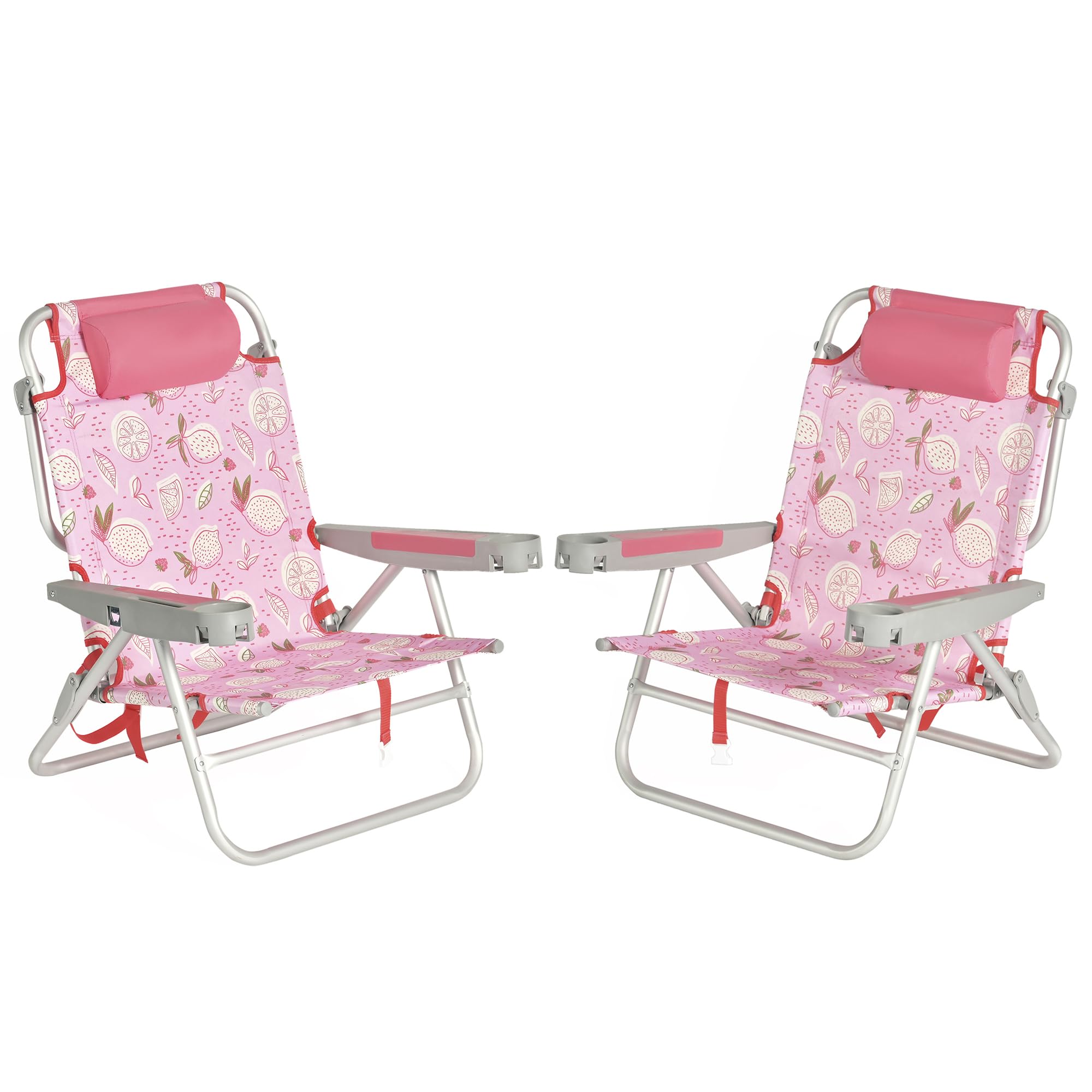 SUNNYFEEL Extra Wide Low Beach Chair 2 Pack 5 Position Lay, XL Oversized Portable Folding Camping Chairs with Cup Holder for Out