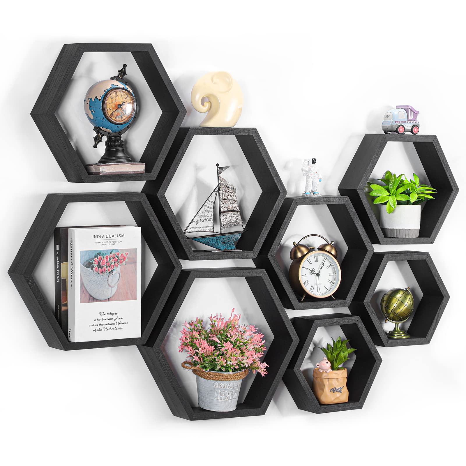 CADUKE Hexagon Shelves for Wall Hexagonal Floating Shelves Set of 8 Honeycomb Wood Shelves for Wall Decor, Hanging Plants Shelf 