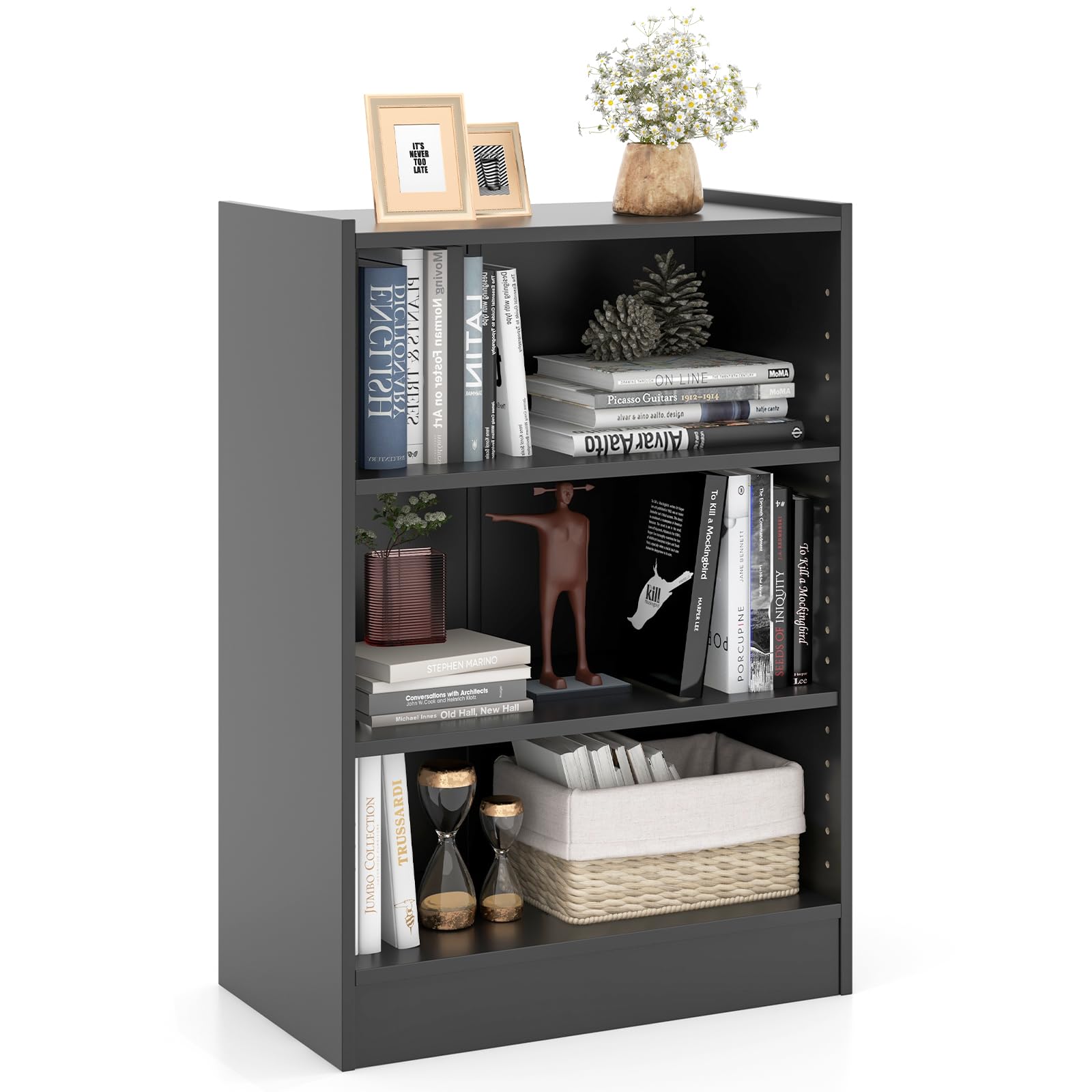 Giantex 3-Cube Bookcase Black - 3-Tier Modern White Open Bookshelf with Adjustable Shelves, Anti-tipping Device, Small Wood Cube
