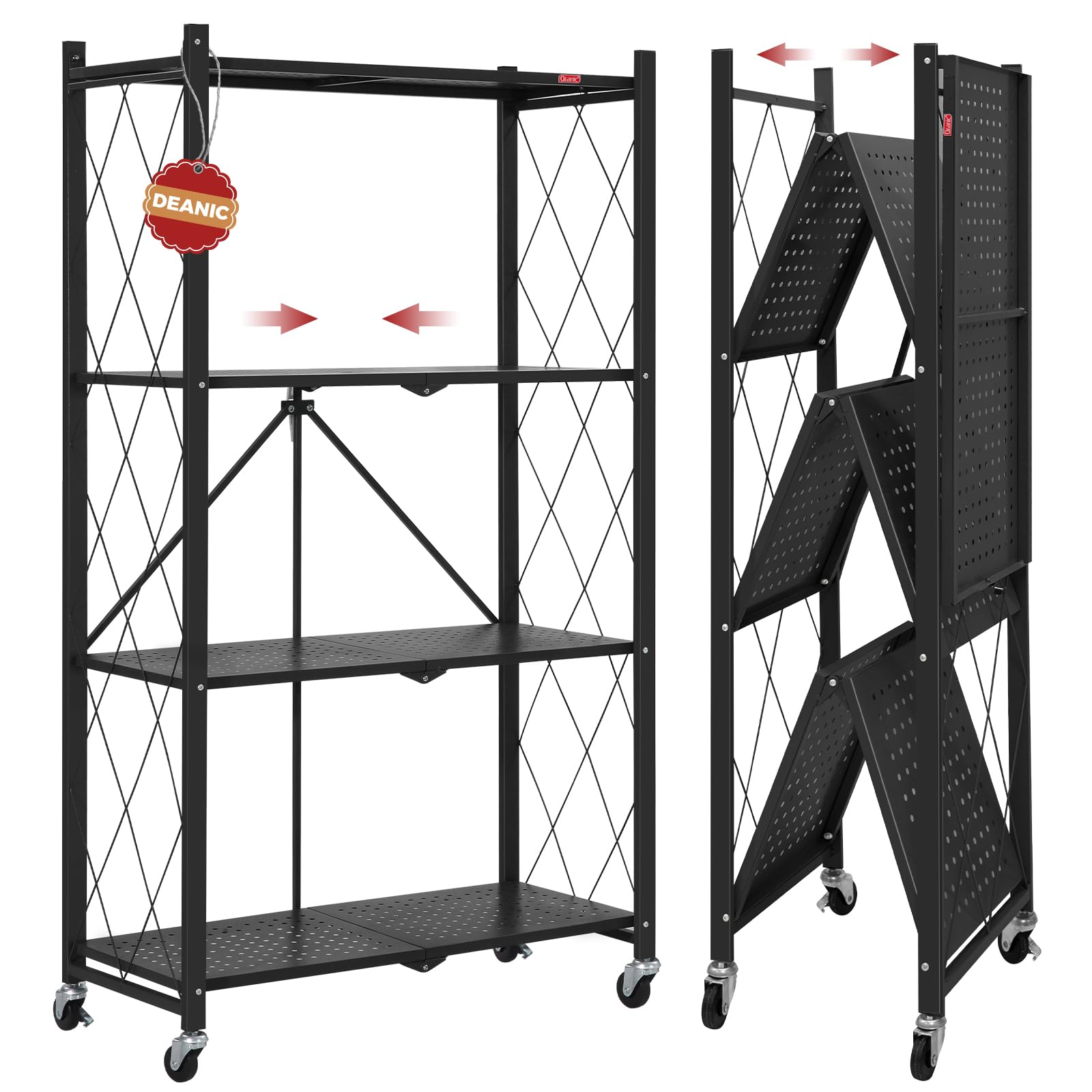 DEANIC 4 Tier Foldable Storage Shelves with Wheels, Large Capacity Shelving Unit, Freestanding Metal Wire Shelf Rack, No Assembl