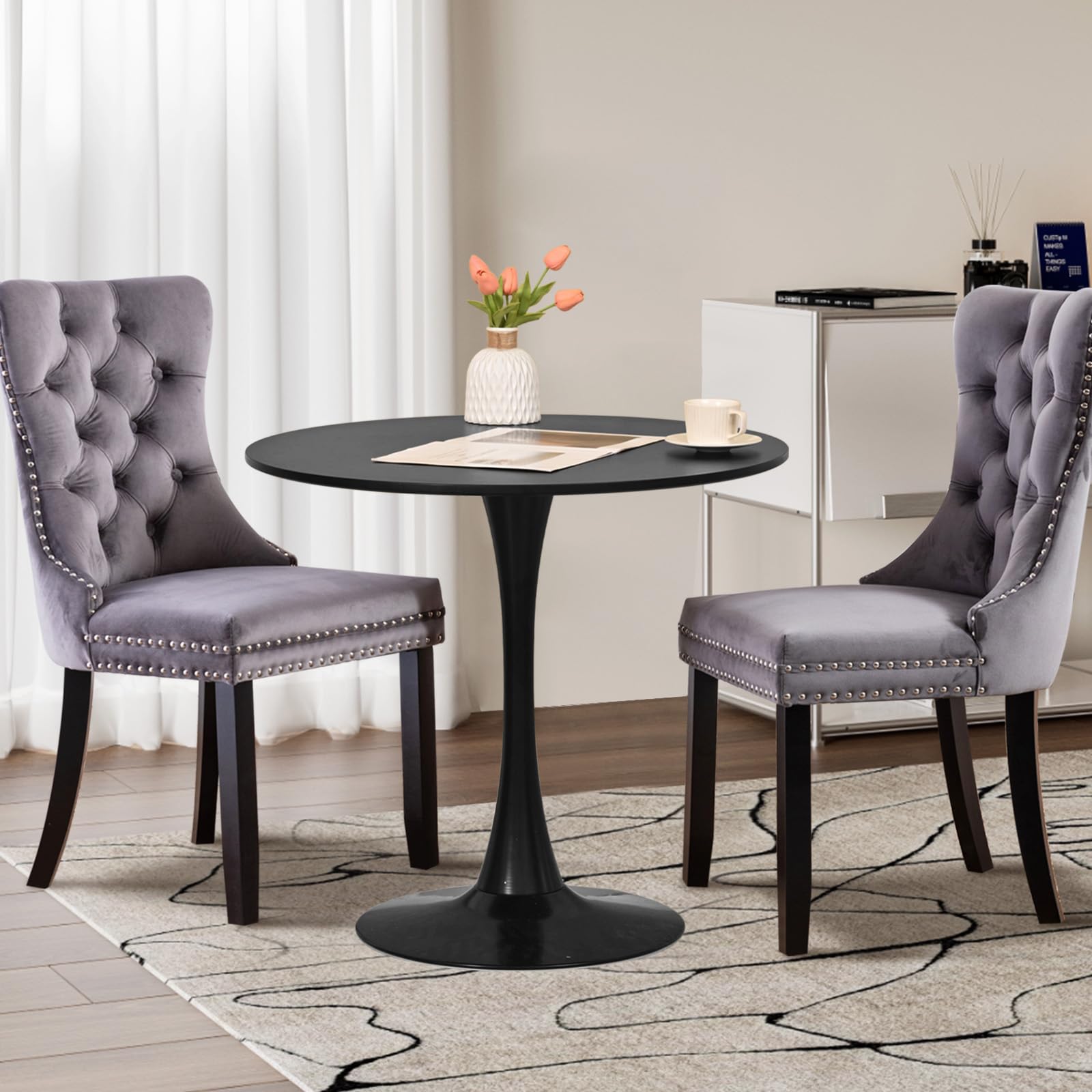 SoarTalent 3-Pieces 31.5 Round Dining Table Set for 2, Black Dining Table & 2 Velvet Upholstered Dining Chairs for Kitchen Dinin