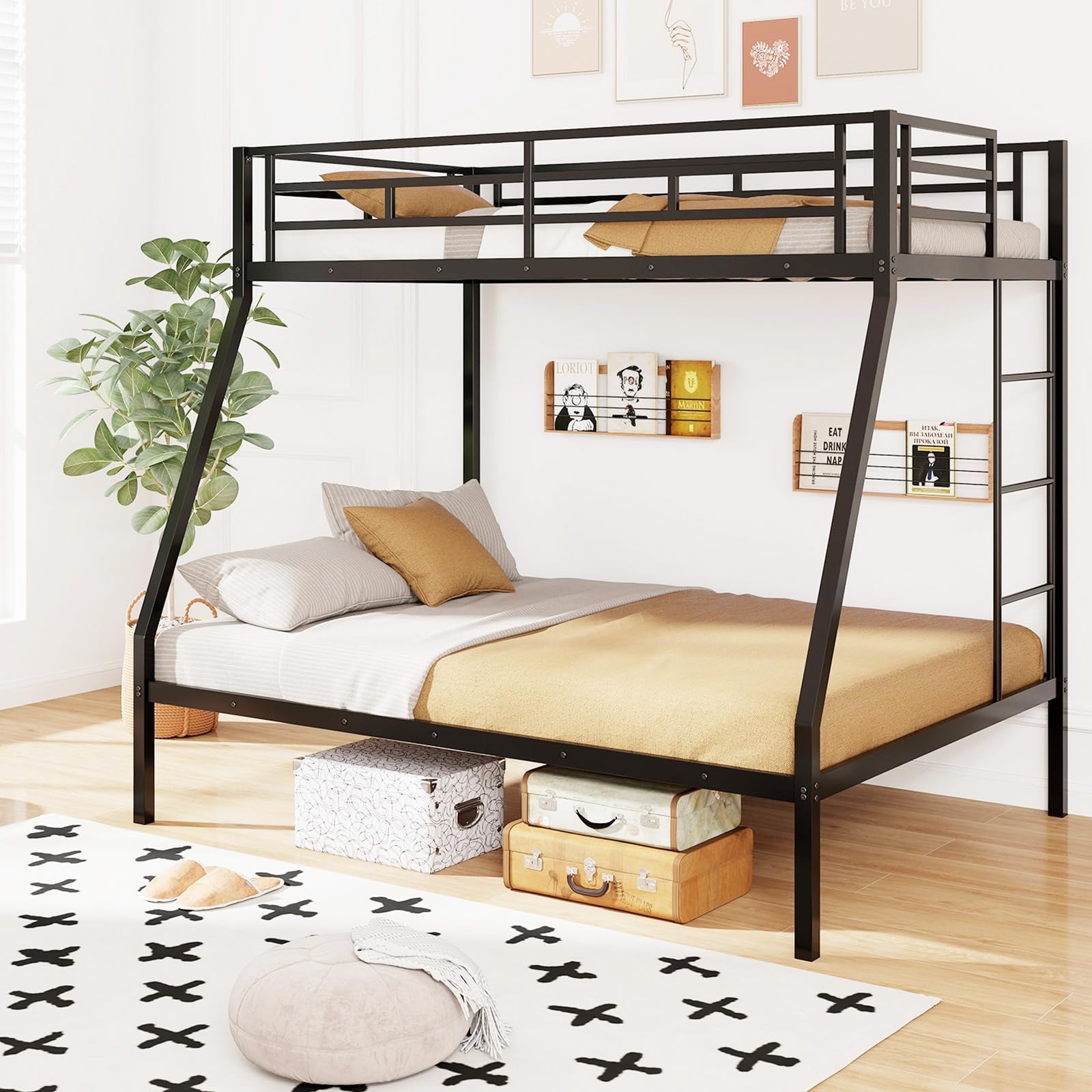 DORTALA Twin Over Full Bunk Bed, Metal Bunk Bed Frame w/Ladder, Safety Rail & Steel Slats, Space-Saving Bunk Beds for Kids Teens