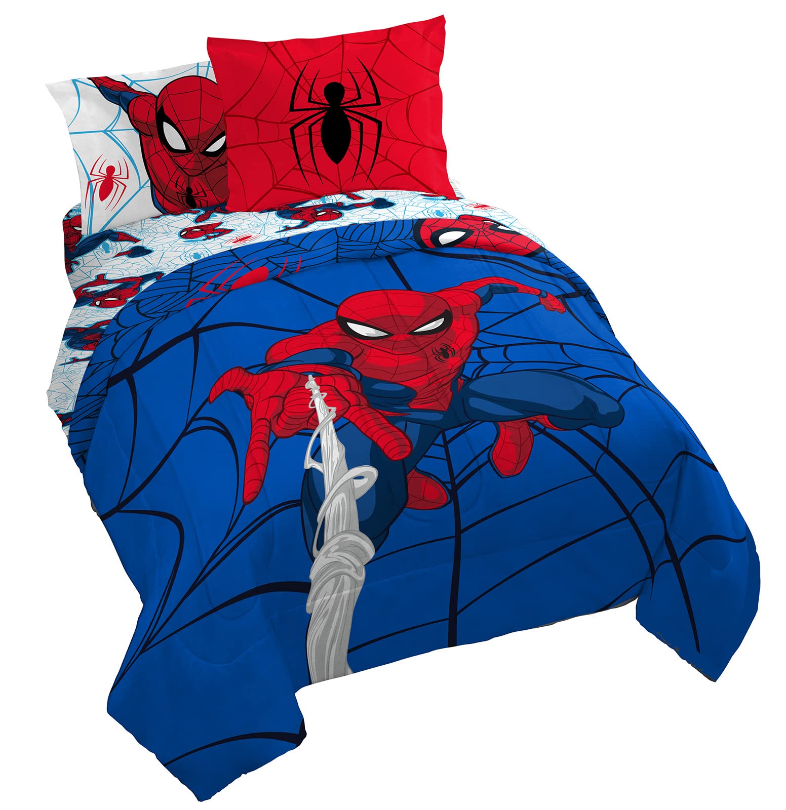Marvel Spiderman Webtastic 7 Piece Queen Size Bed Set - Includes Reversible comforter & Sheet Set - Super Soft Kids Bedding Fade