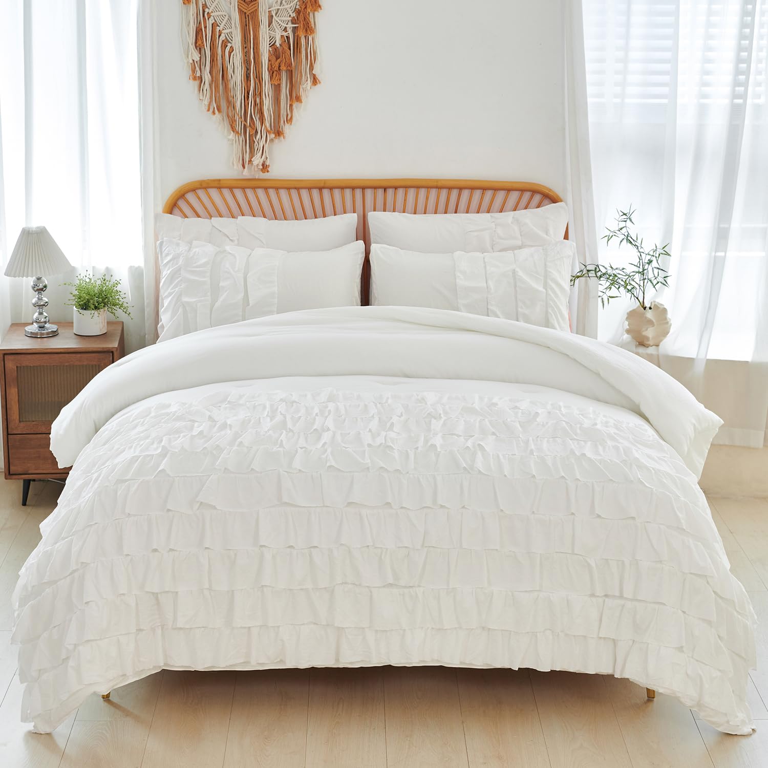 PERFEMET White Ruffle Bedding Queen 3 Pieces (1 Comforter and 2 Pillowcases), Multi Layers Ruffled Boho Comforter Set, Washed Mi