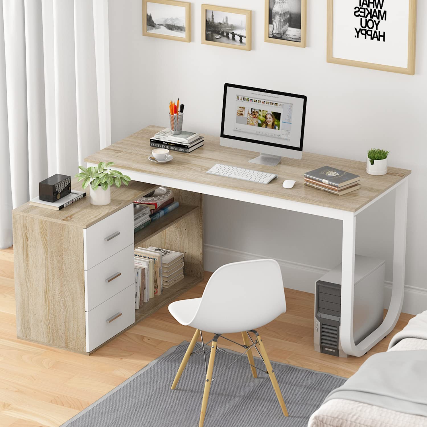 Homsee Home Office Computer Desk Corner Desk with 3 Drawers and 2 Shelves, 55 Inch Large L-Shaped Study Writing Table with Stora