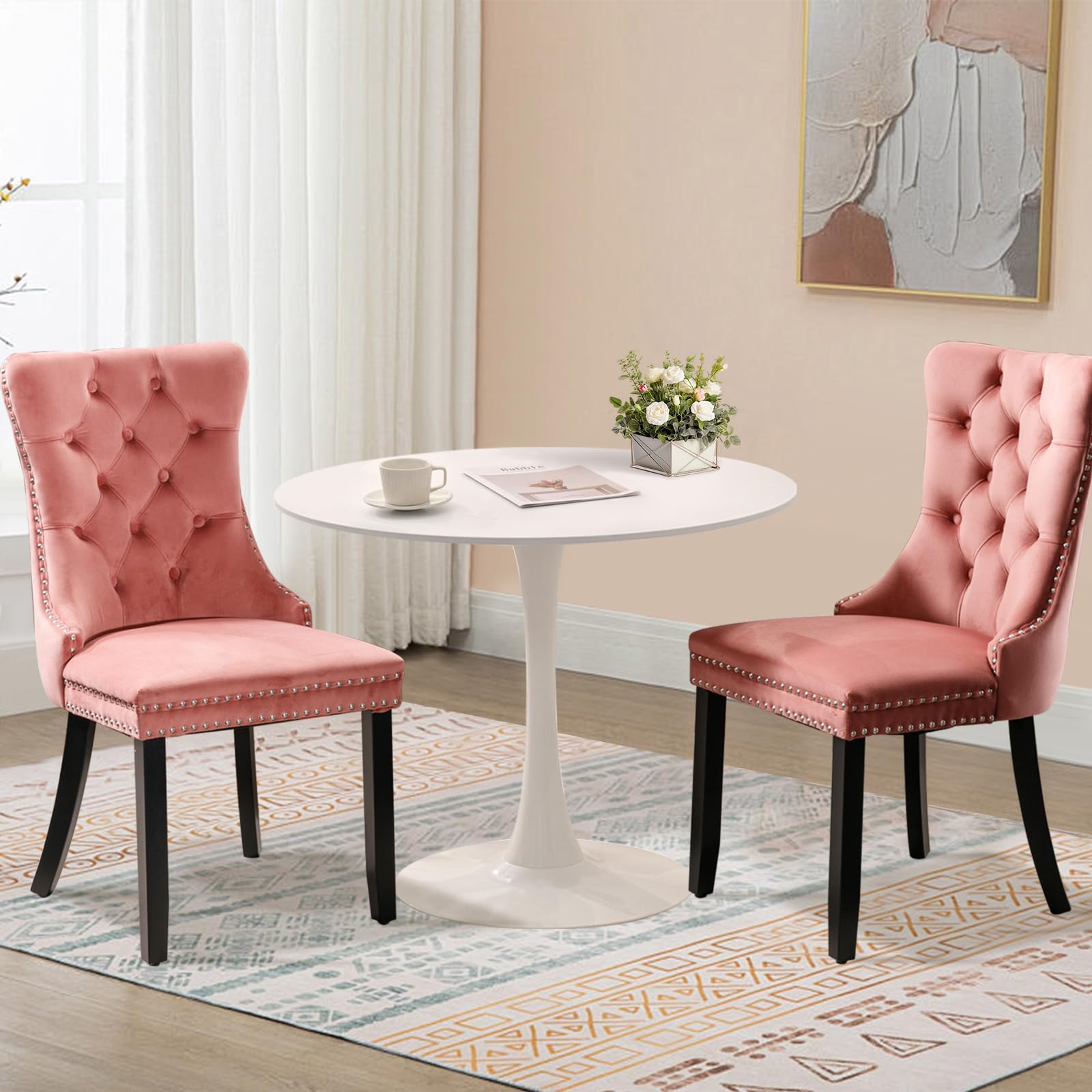 SoarTalent 3-Pieces 31.5 Round Dining Table Set for 2, White Dining Table & 2 Velvet Upholstered Dining Chairs for Kitchen Dinin