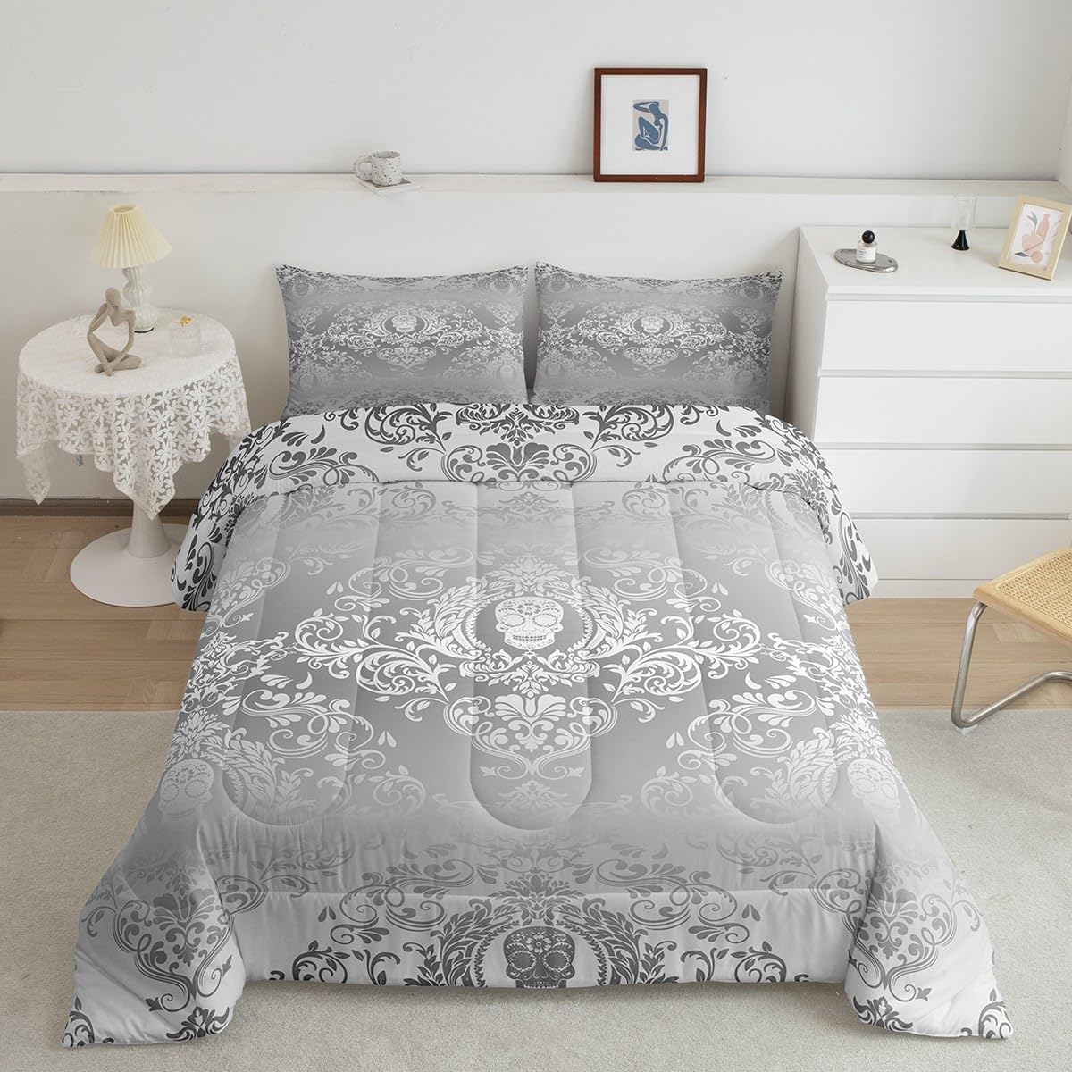 Feelyou Adults Silver Vintage Damask Floral Comforter Set Oriental Antique Comforter Full Size Gothic Bohemia Boho Bedding Set E
