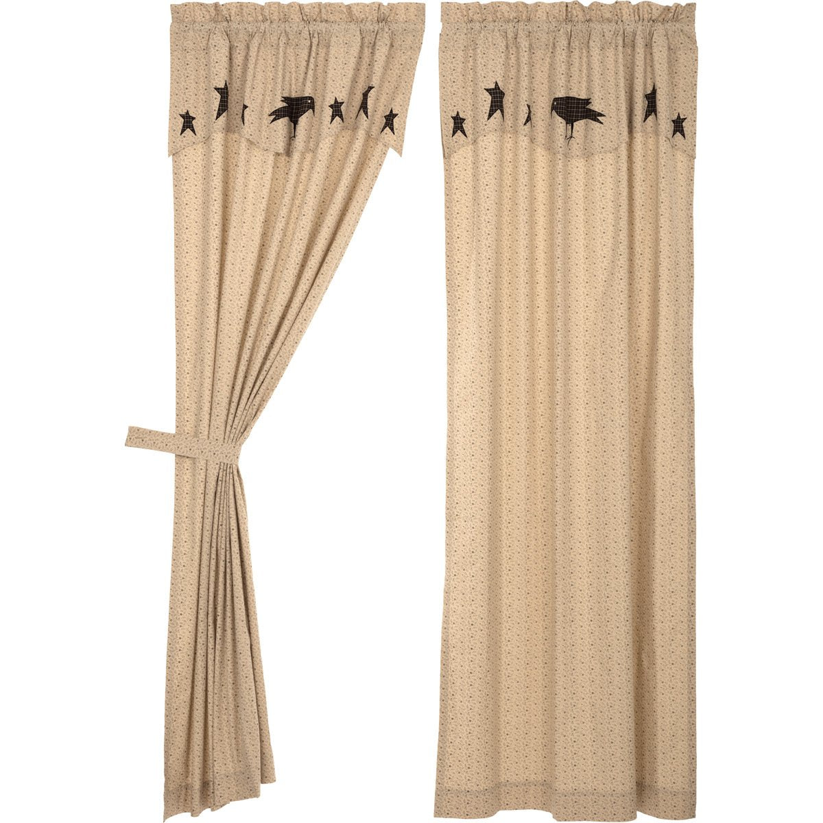 VHC Brands Kettle Grove, Panel with Attached Applique Crow and Star Valance Set of 2, 84x40