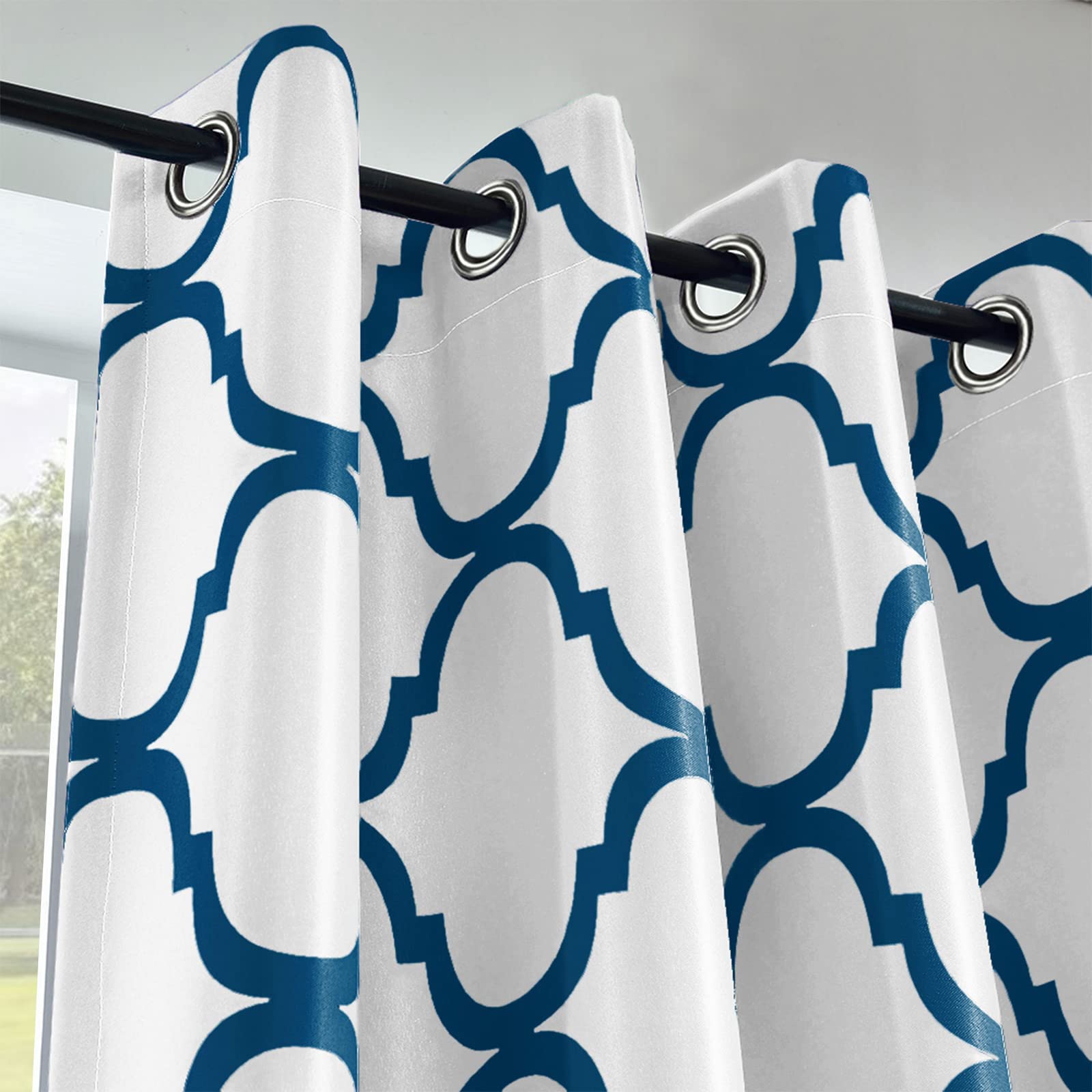 Melodieux Moroccan Fashion Thermal Insulated Grommet Room Darkening Curtains for Living Room, 52 by 63 Inch, Off White/Royal Blu