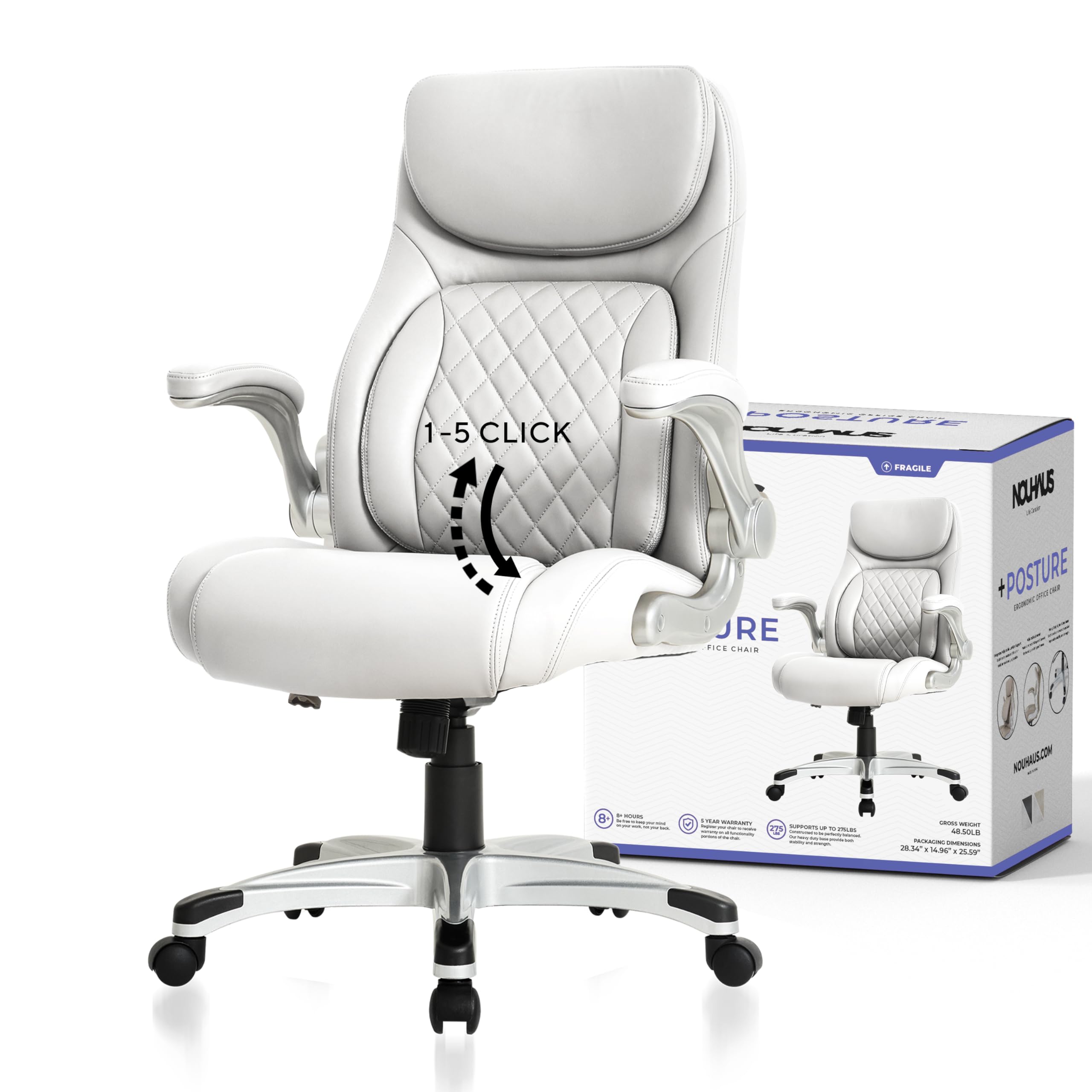 Nouhaus +Posture Ergonomic PU Leather Office Chair. Click5 Lumbar Support with FlipAdjust Armrests. Modern Executive Chair and C