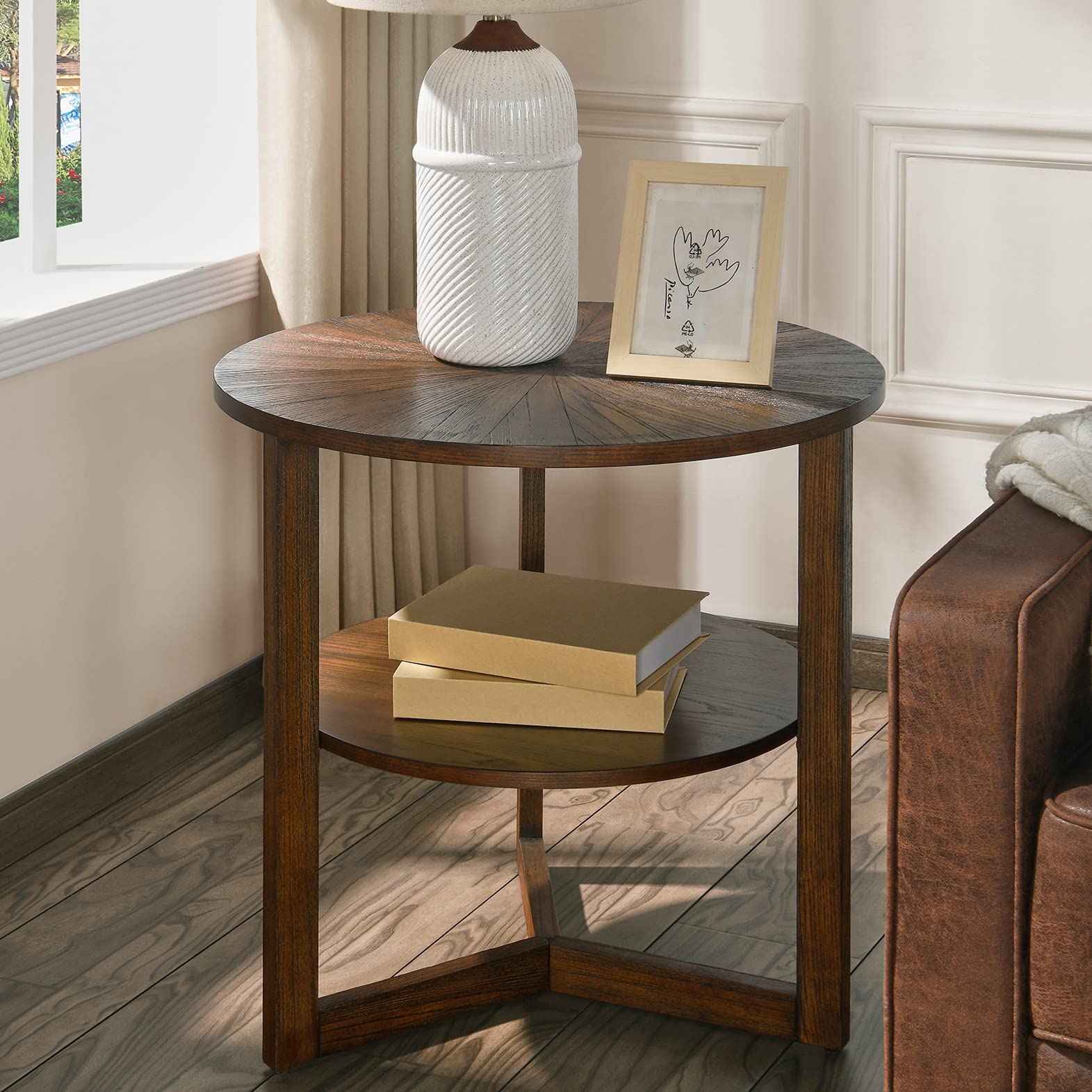MODERION Large Round End Table, Rustic Beside Table with Umbrella Shaped Top, Traditional Circular Sofa Side Table with Storage,