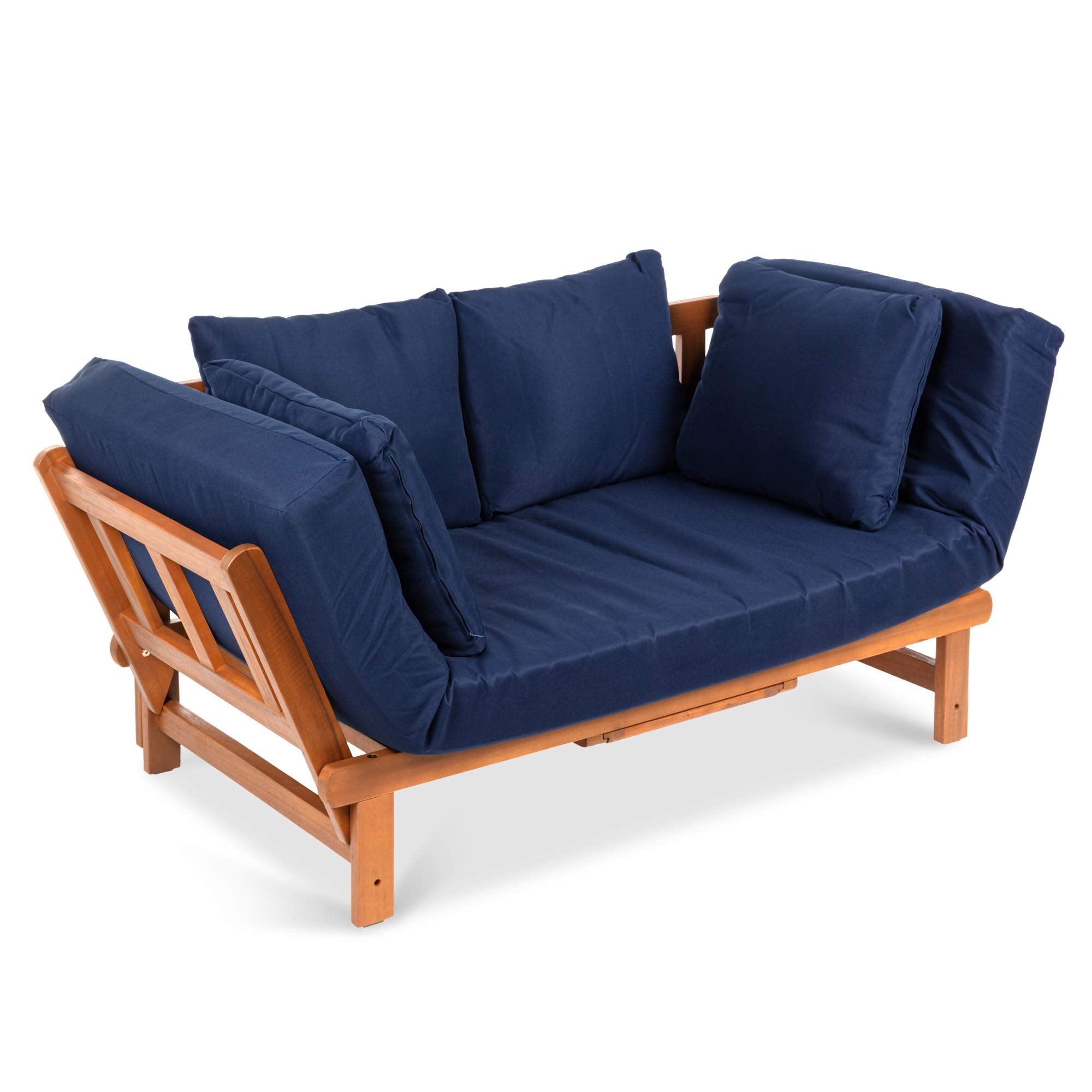 Best Choice Products Outdoor Convertible Acacia Wood Futon Sofa Furniture for Patio, Balcony, Poolside, Backyard w/Pullout Tray,